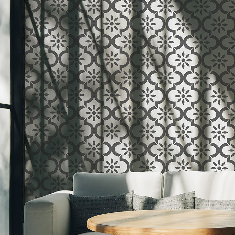 flower tile pattern stencil on wall in room