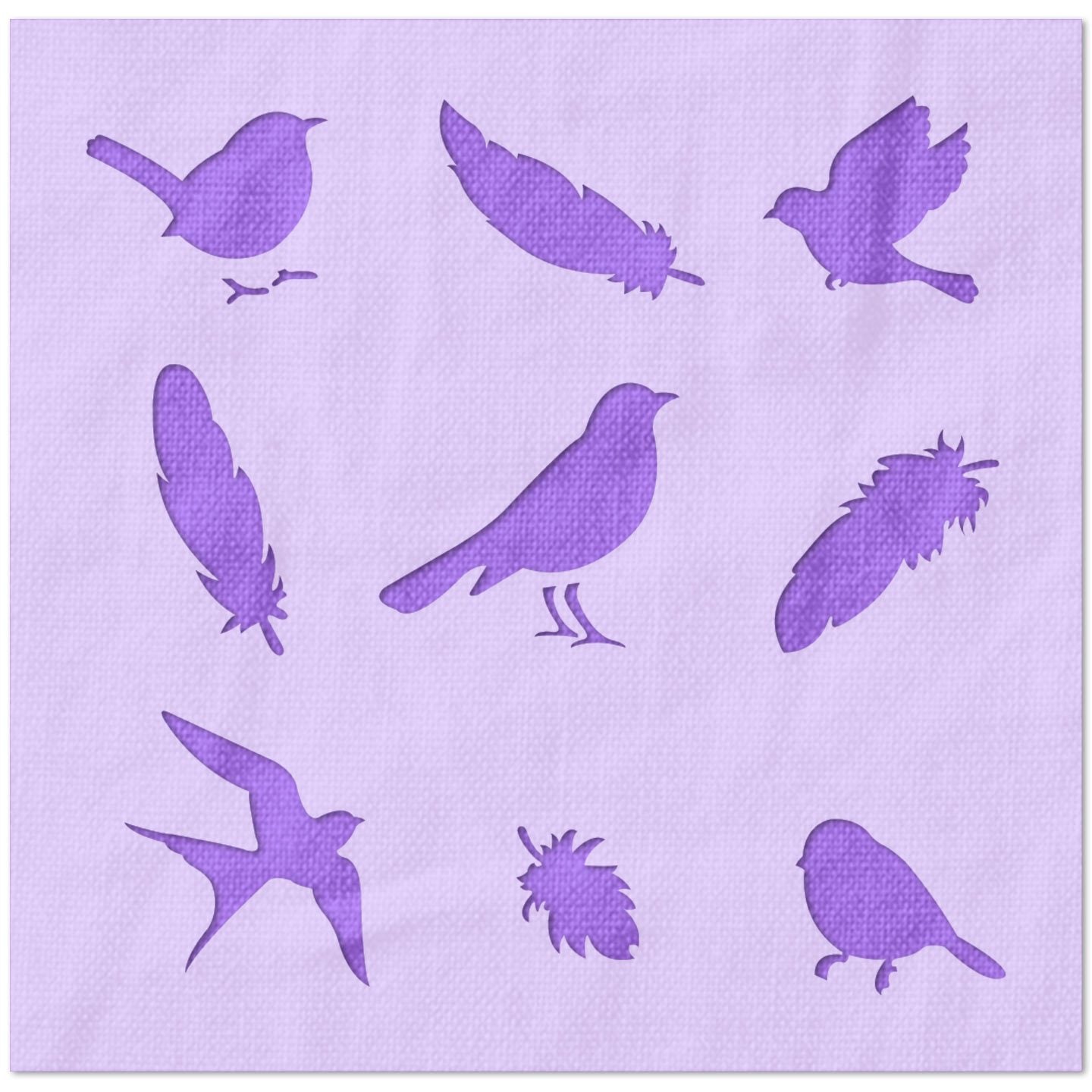 Animal stencil sheet featuring multiple bird and feather silhouette cutouts.