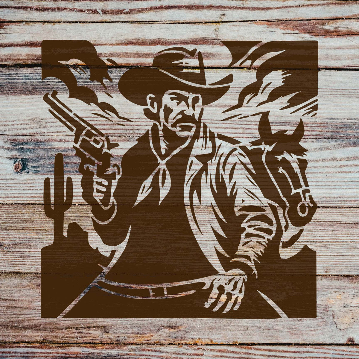 Western Gunslinger Stencil shown in brown across rustic wood planks with a cowboy and horse design.