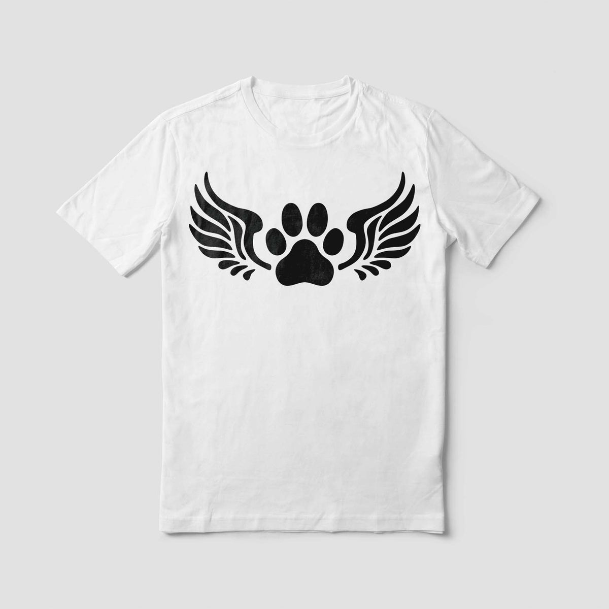 Bold Angel Wings Paw Print Memorial Stencil spreads its winged paw design across a white T-shirt