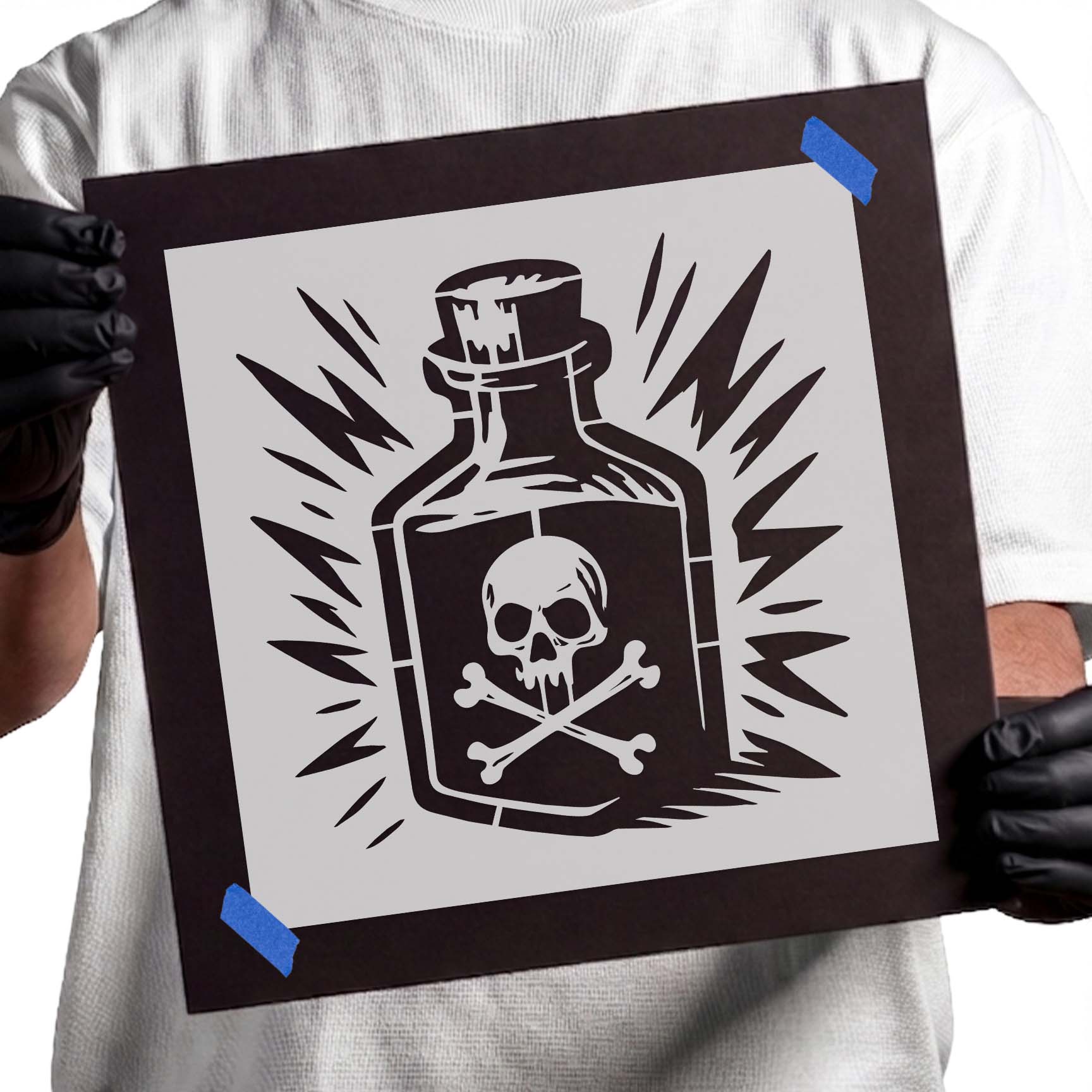 Apothecary poison bottle with skull and crossbones stencil design