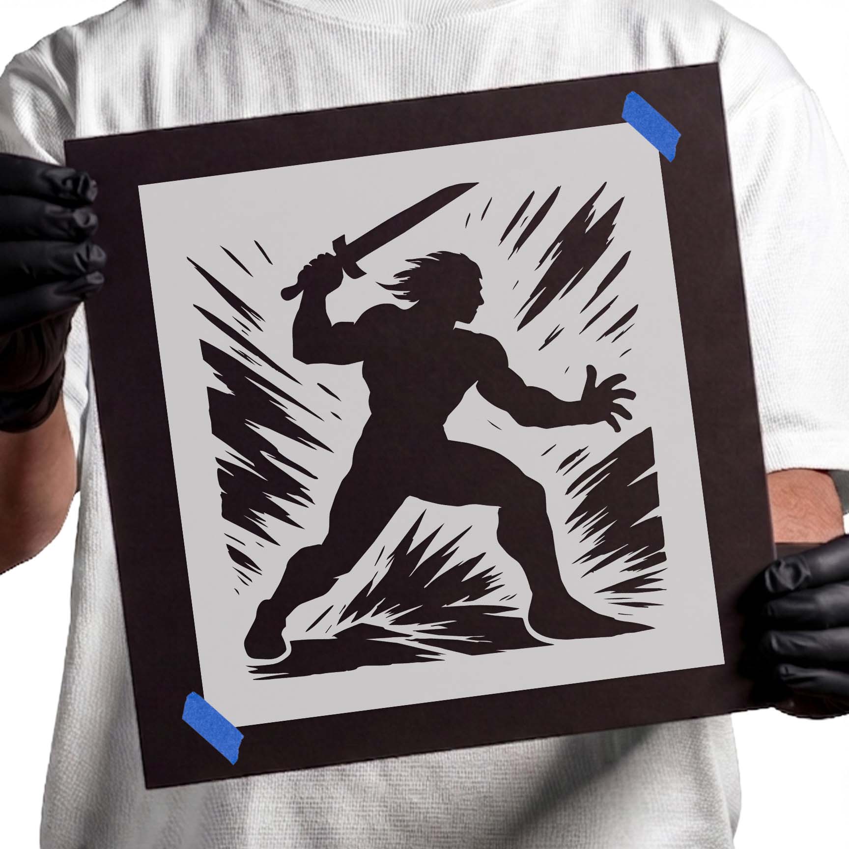Warrior silhouette stencil holding a raised sword with action lines