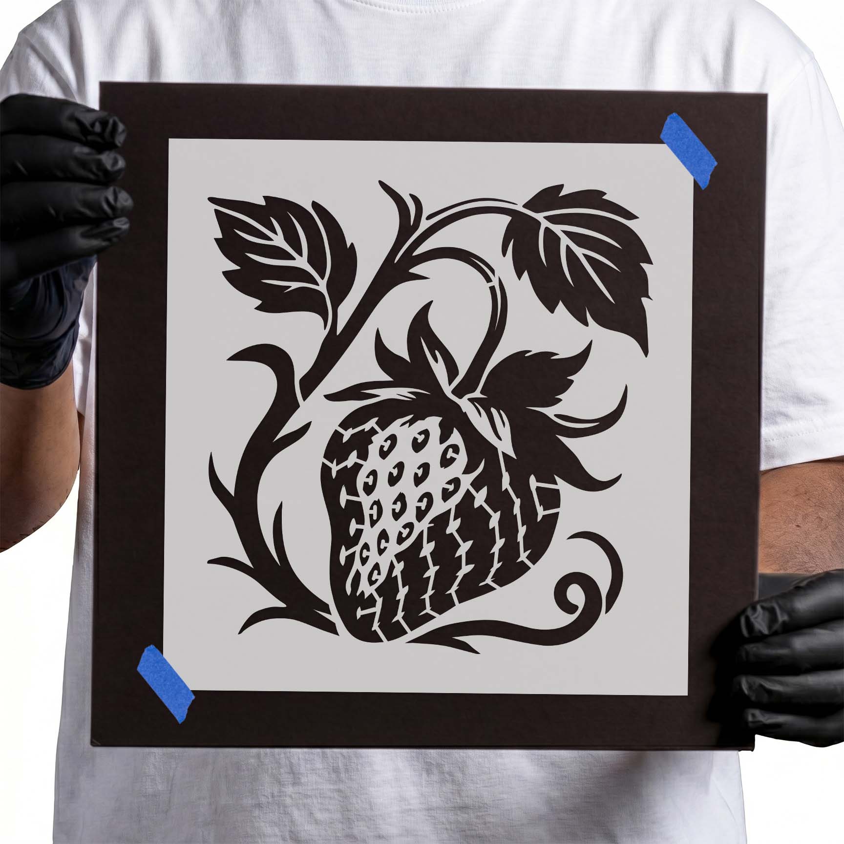 Ripe strawberry hanging from a leafy vine stencil design