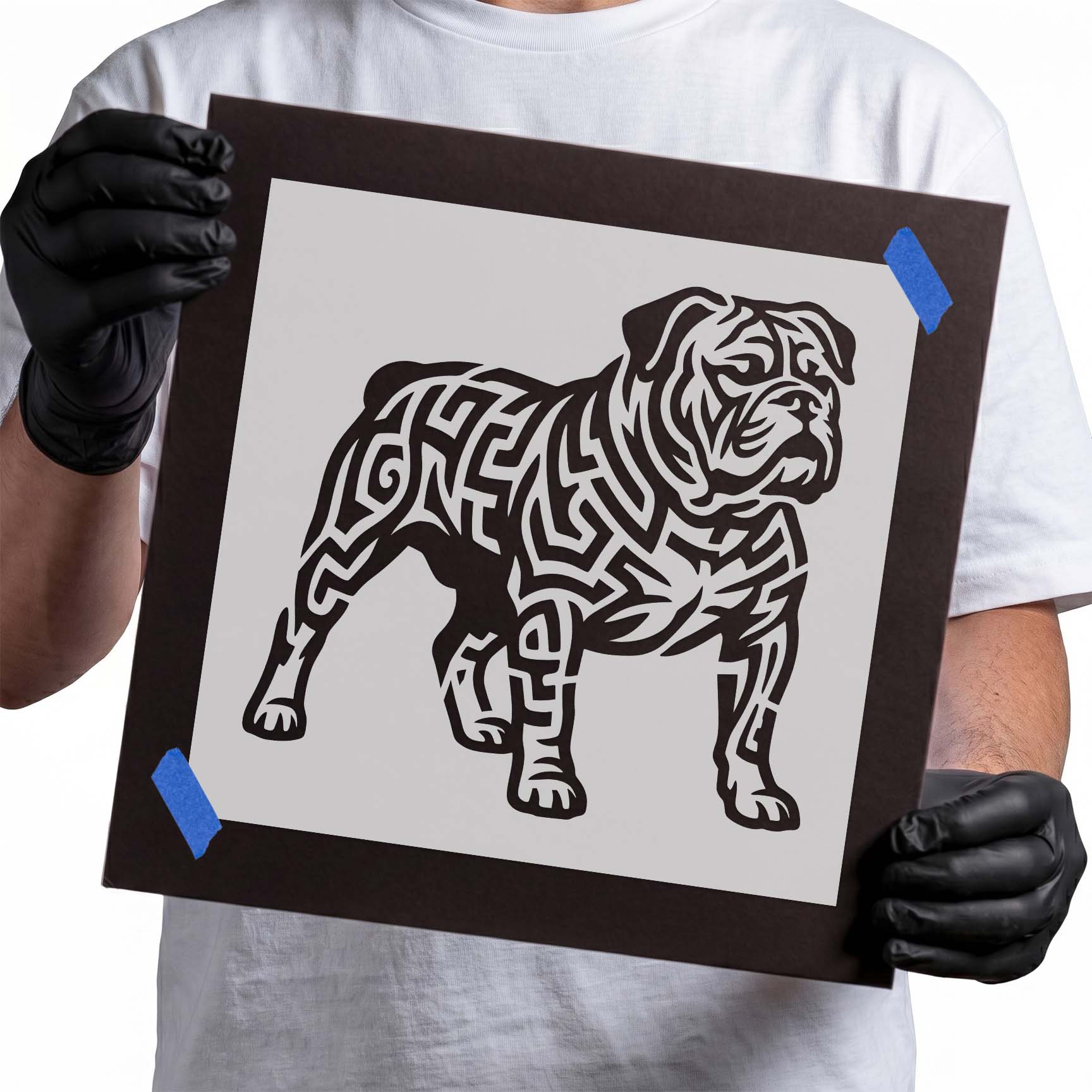 Standing bulldog stencil filled with bold geometric tribal patterns