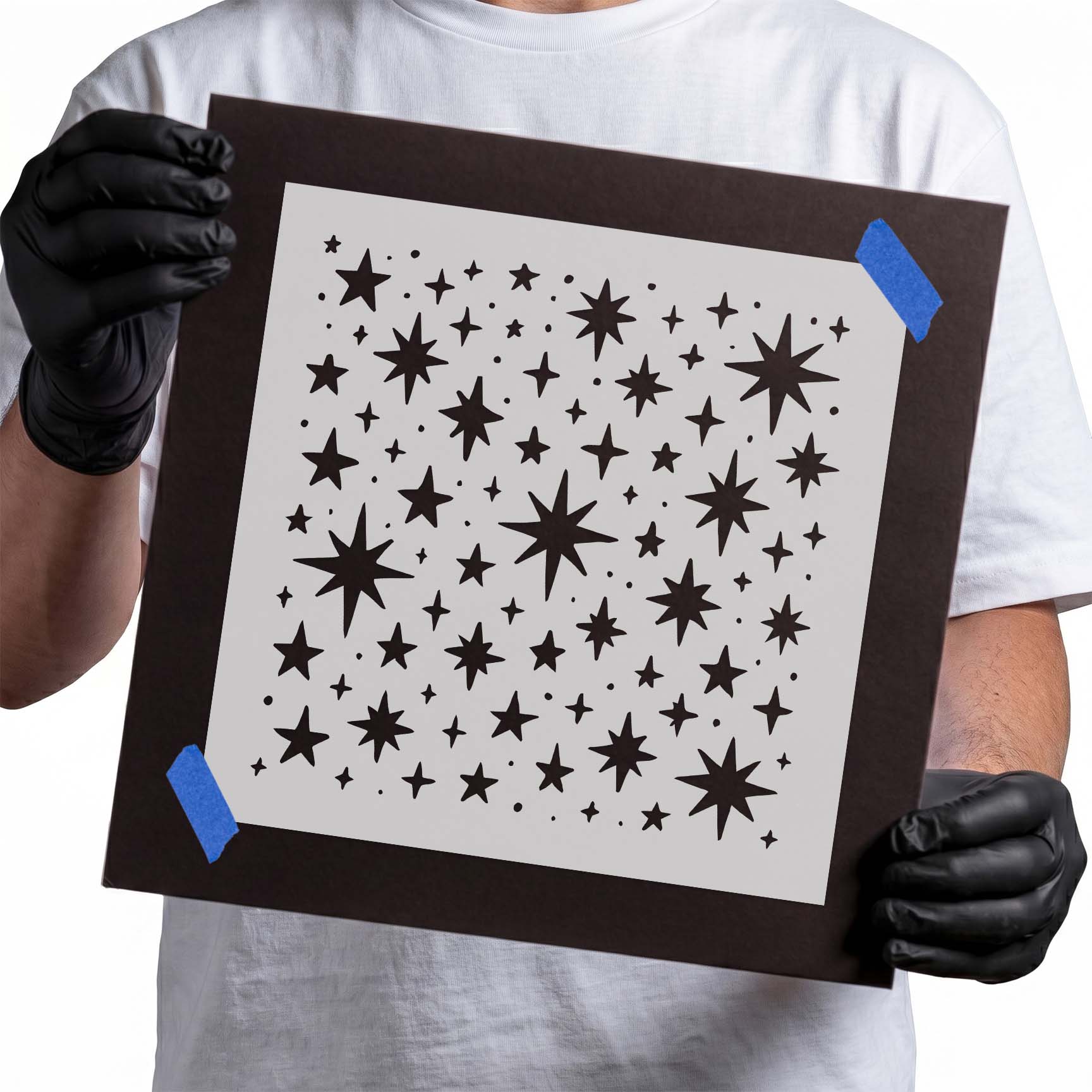 Scattered celestial stars with starburst and twinkle pattern