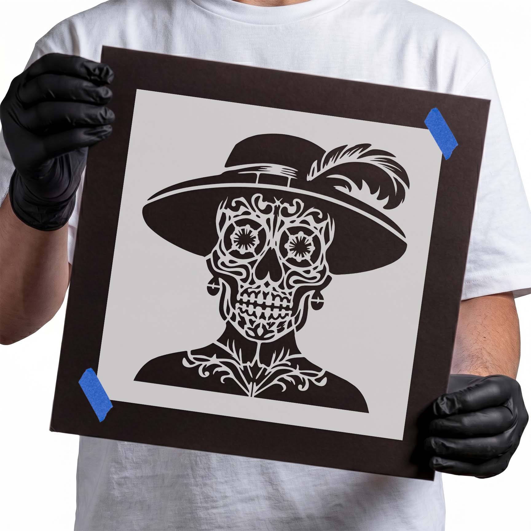 Classic Catrina sugar skull wearing a feathered hat stencil