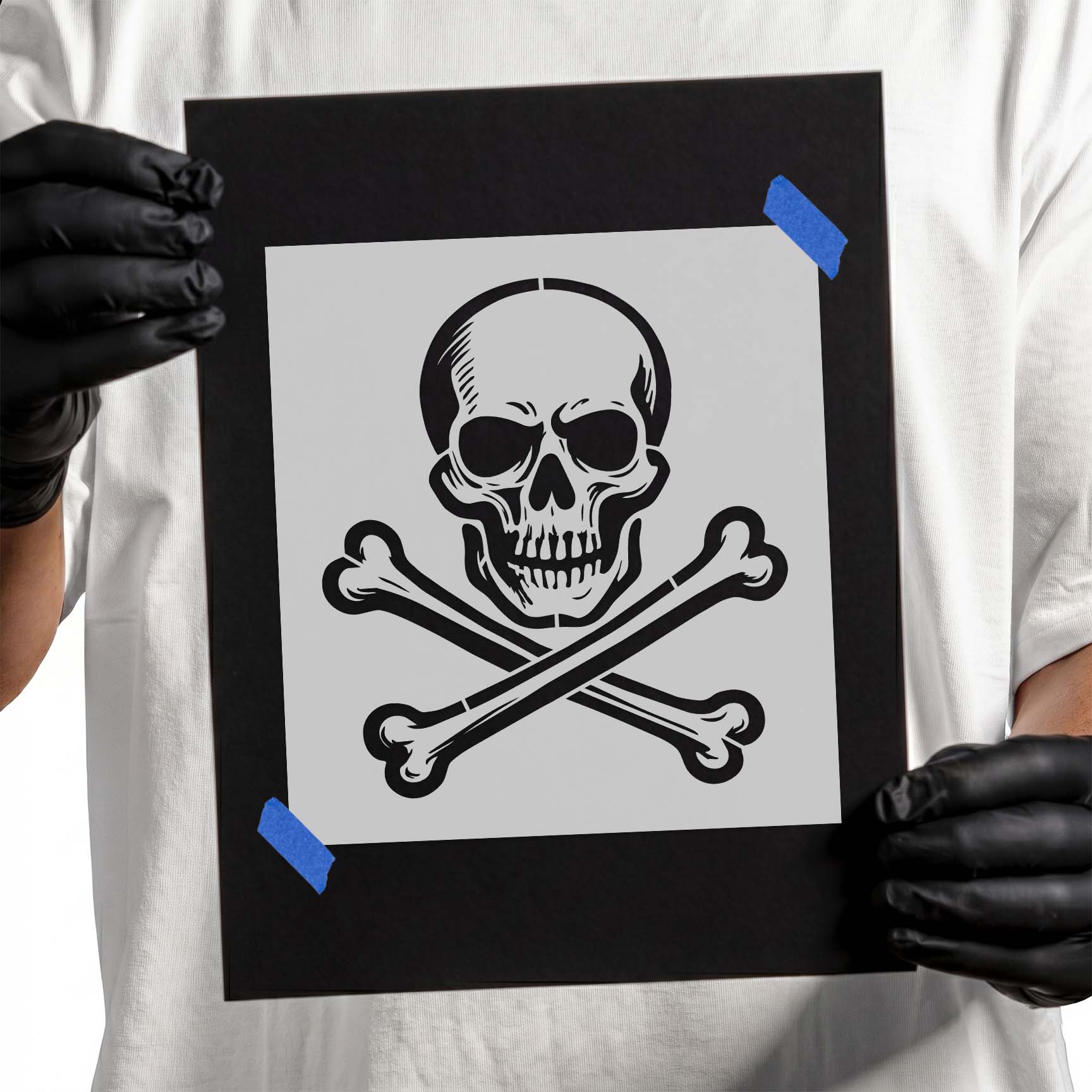 Classic skull and crossbones stencil with detailed human skull