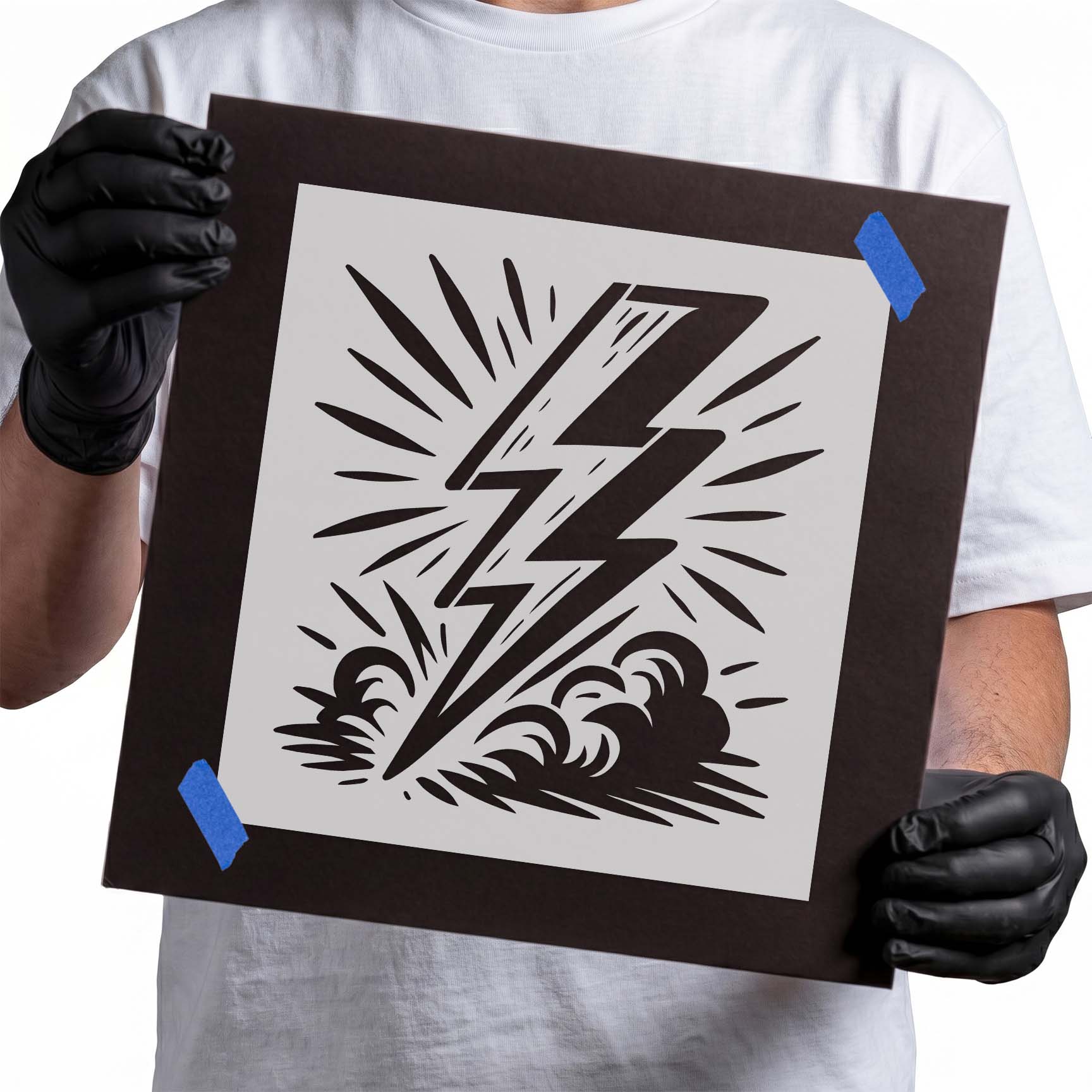 Comic lightning bolt burst stencil with bold electric rays