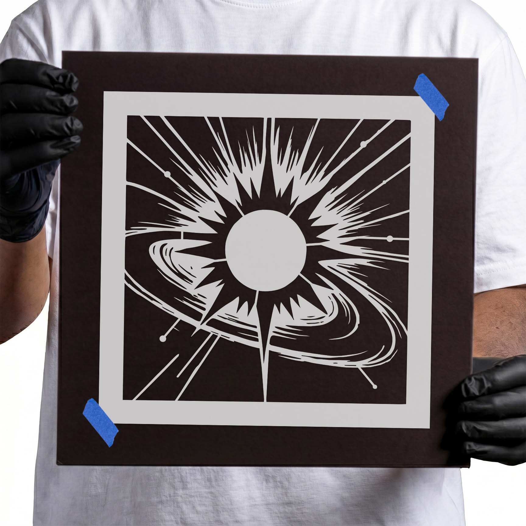 Radiant sun stencil with orbital rings and cosmic starburst design