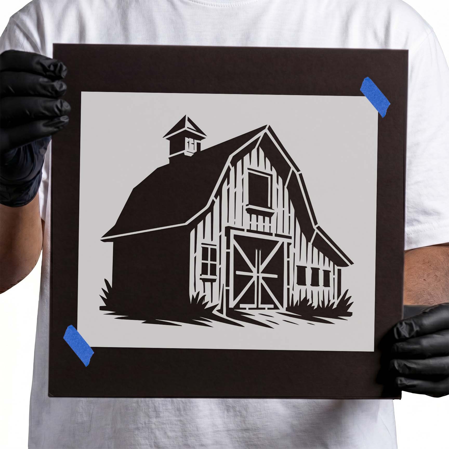 Traditional countryside barn facade with gambrel roof stencil design