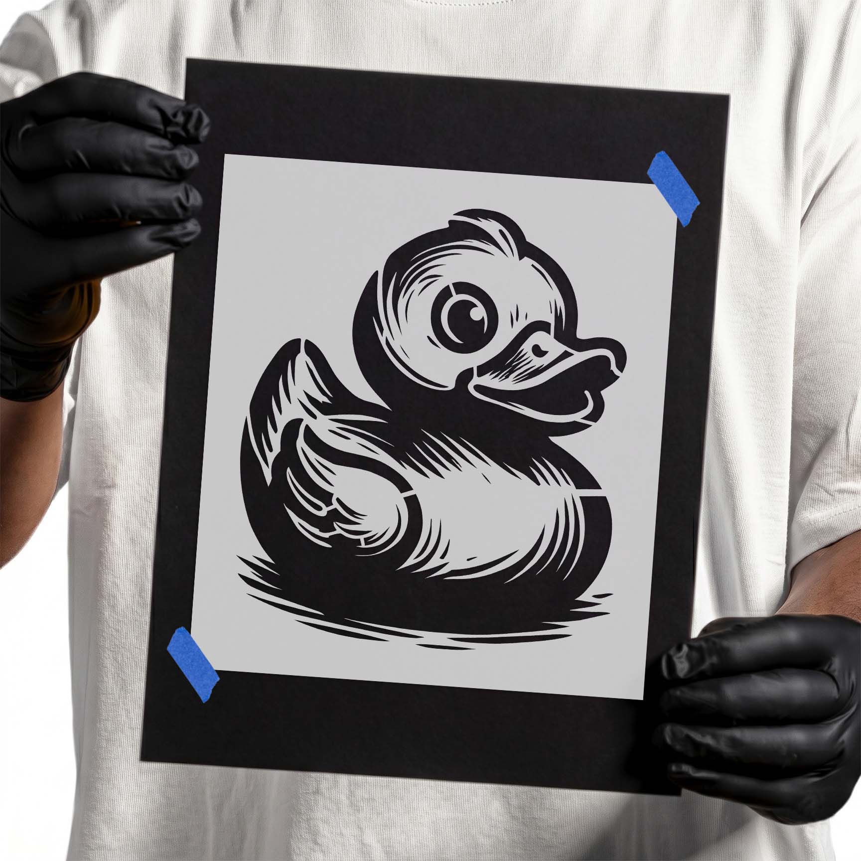 Cute rubber duck stencil featuring a smiling cartoon duck with large eyes