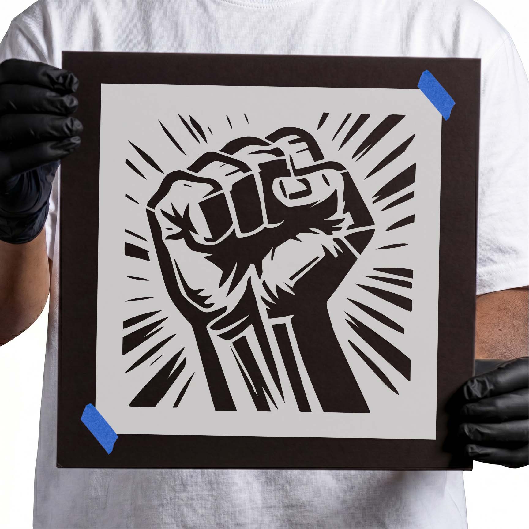 Defiant clenched fist stencil with radiating graphic lines