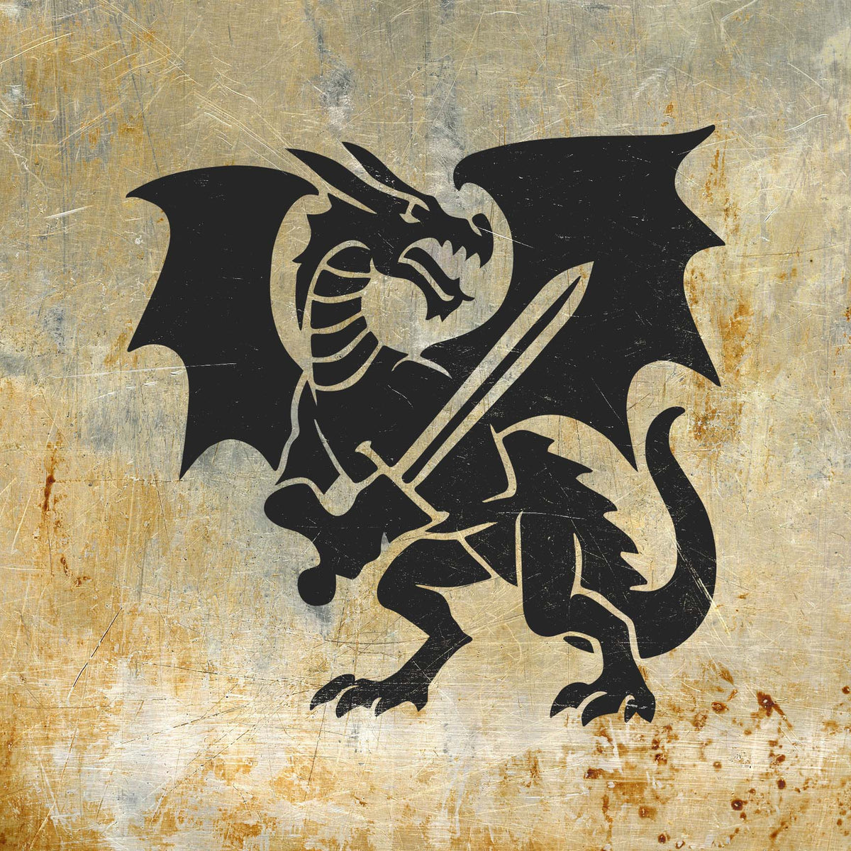 A fierce black Dragon Knight Stencil shows a sword-wielding dragon with spread wings on scratched metal.