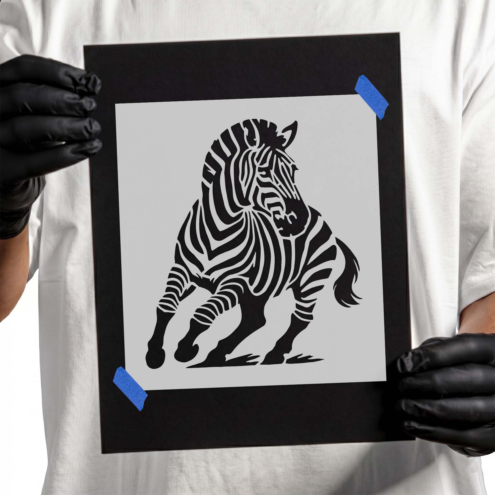 Running zebra silhouette stencil with bold striped details
