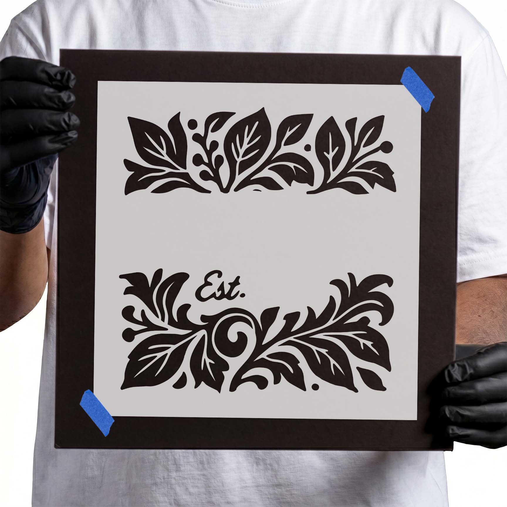 Decorative family name and established date stencil with botanical flourishes