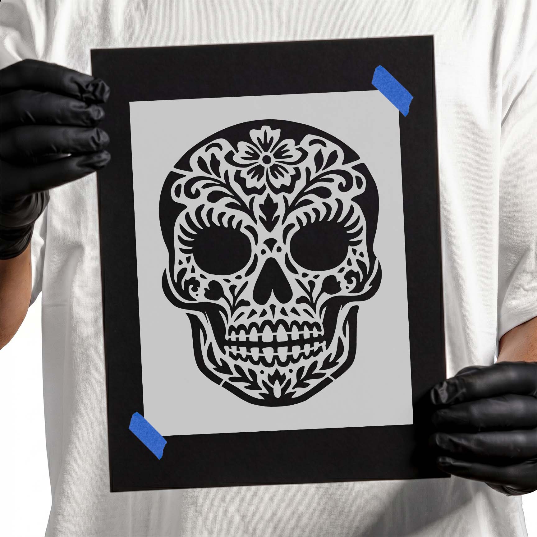 Female sugar skull stencil with long eyelashes and ornate floral details