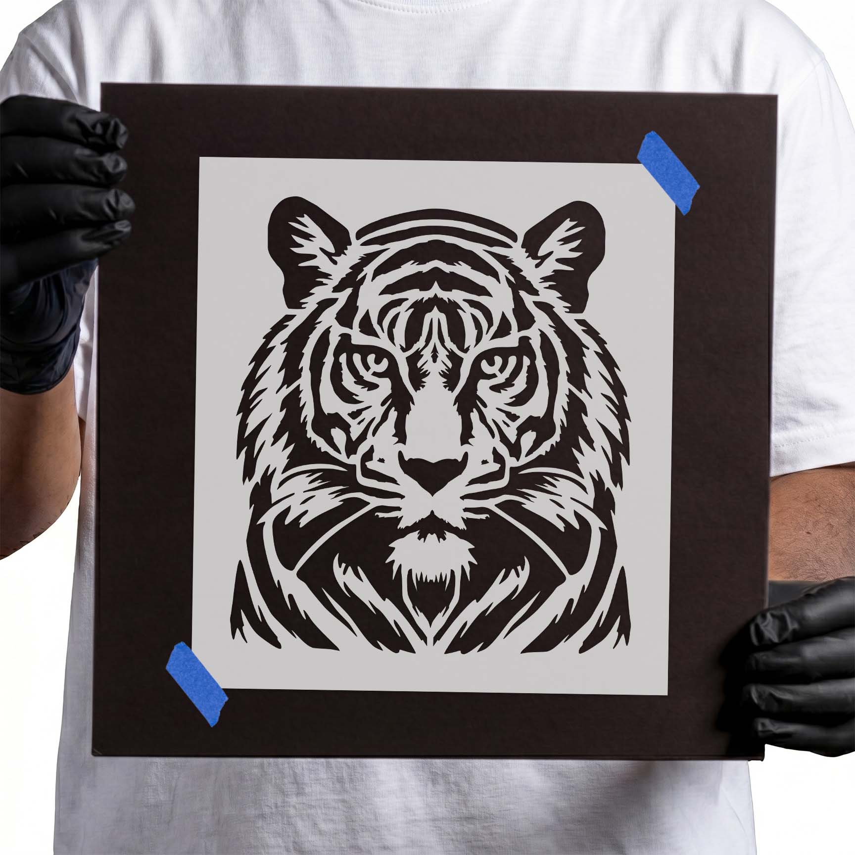 Detailed front-facing tiger portrait with bold striped markings