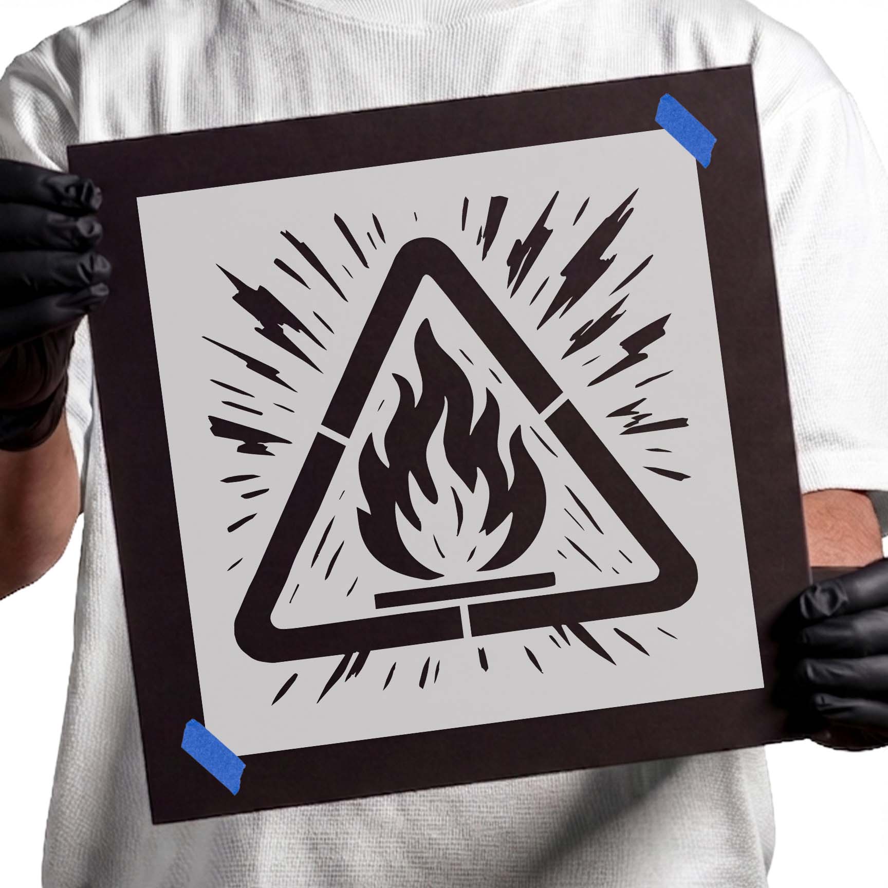 Flame inside triangular flammable hazard warning symbol stencil with bold accents