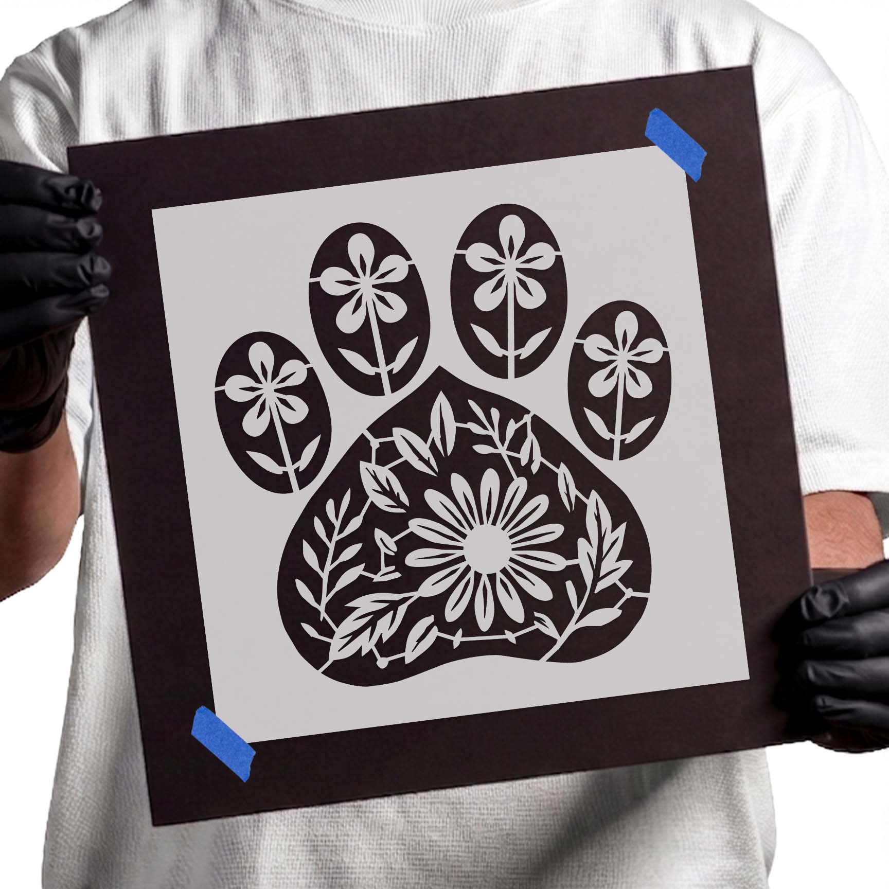 Dog paw print filled with floral botanical pattern stencil