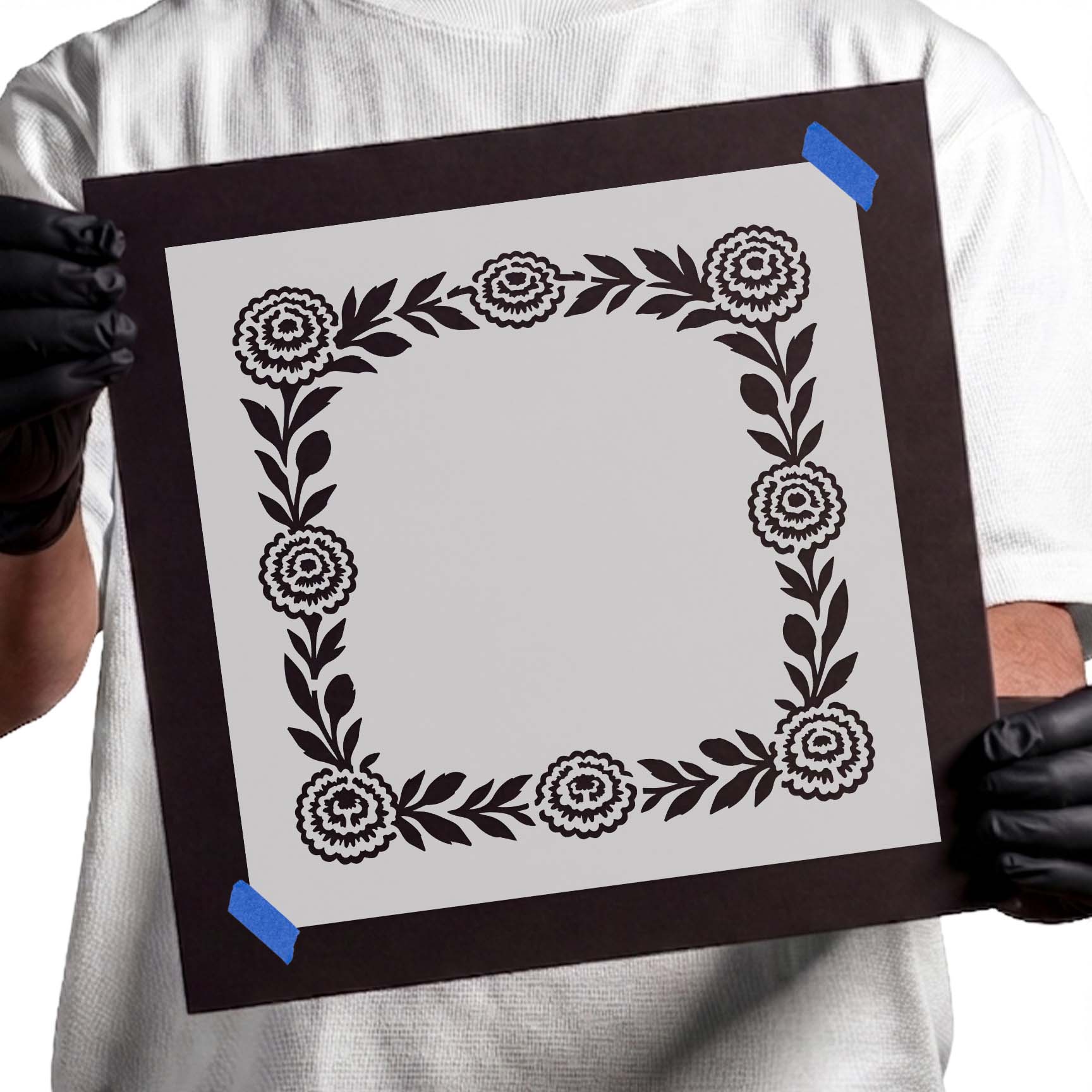 Floral Marigold Border Stencil with decorative flower frame