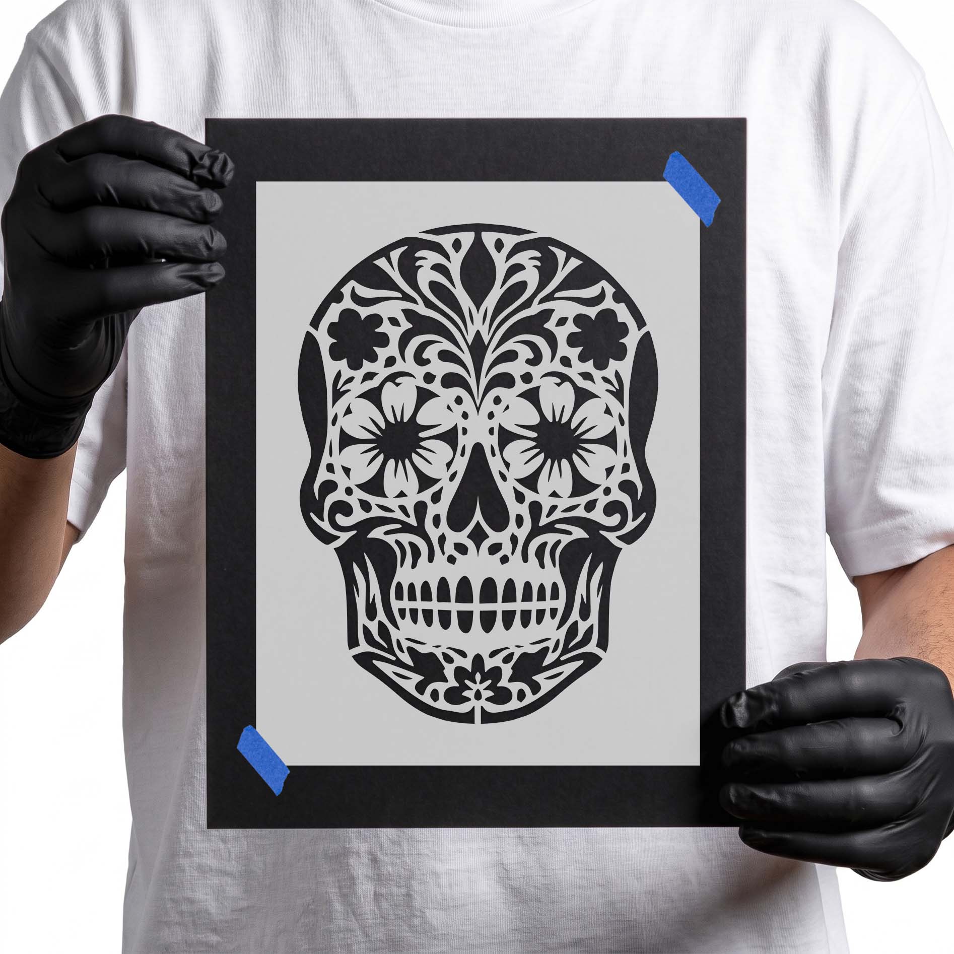 Floral Sugar Skull Stencil with intricate ornamental design