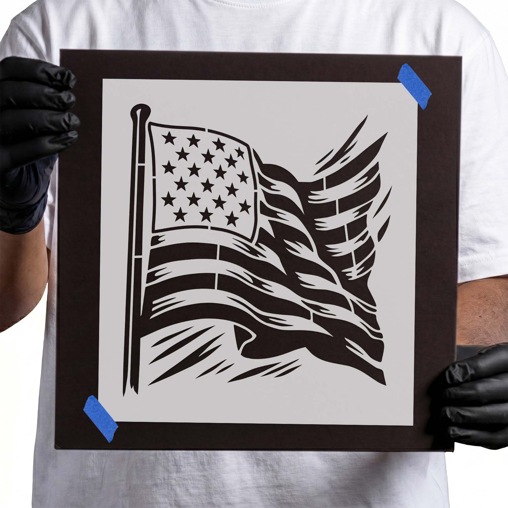 Flowing American flag stencil with stars and waving stripes