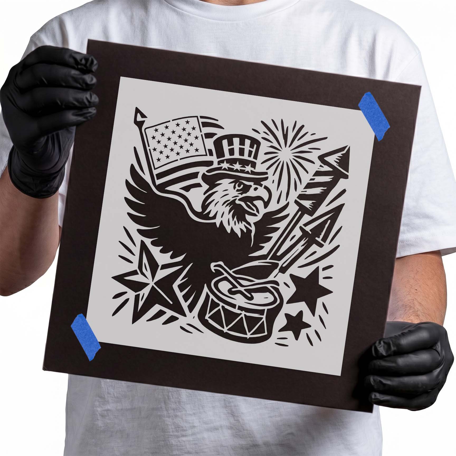 Patriotic eagle stencil with American flag and fireworks