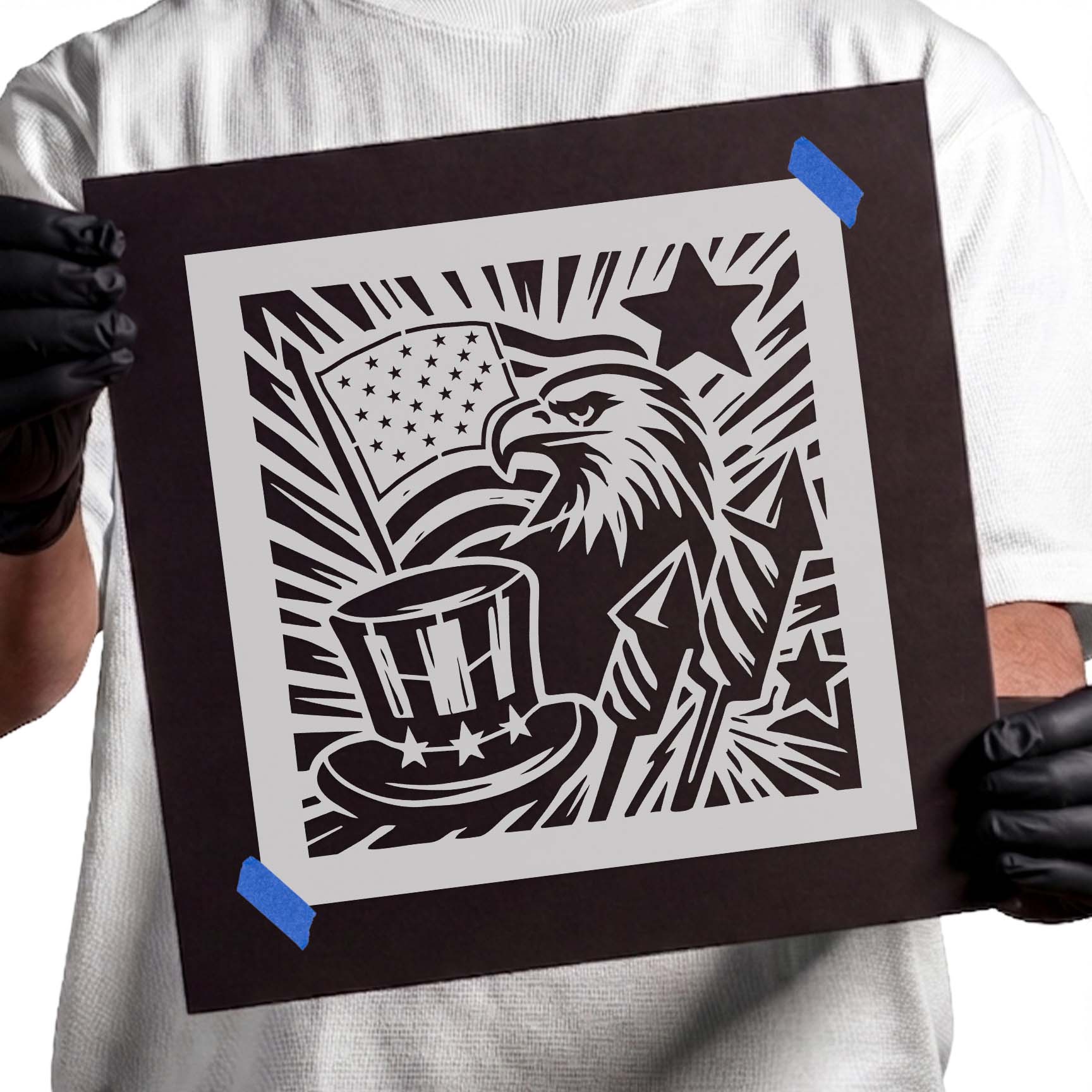 Patriotic eagle stencil with American flag and Uncle Sam hat