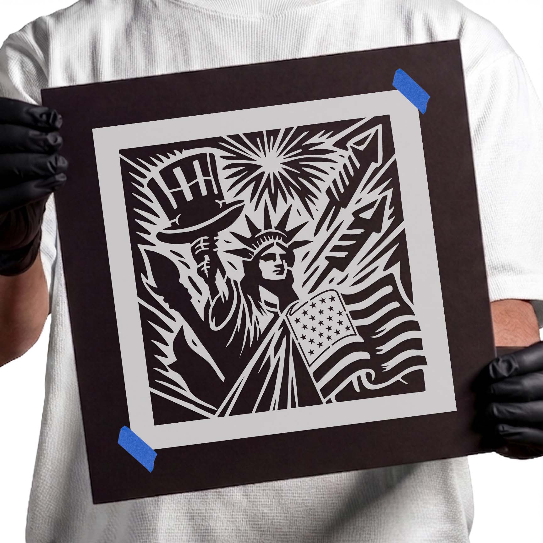 Fourth of July stencil with Statue of Liberty and American flag