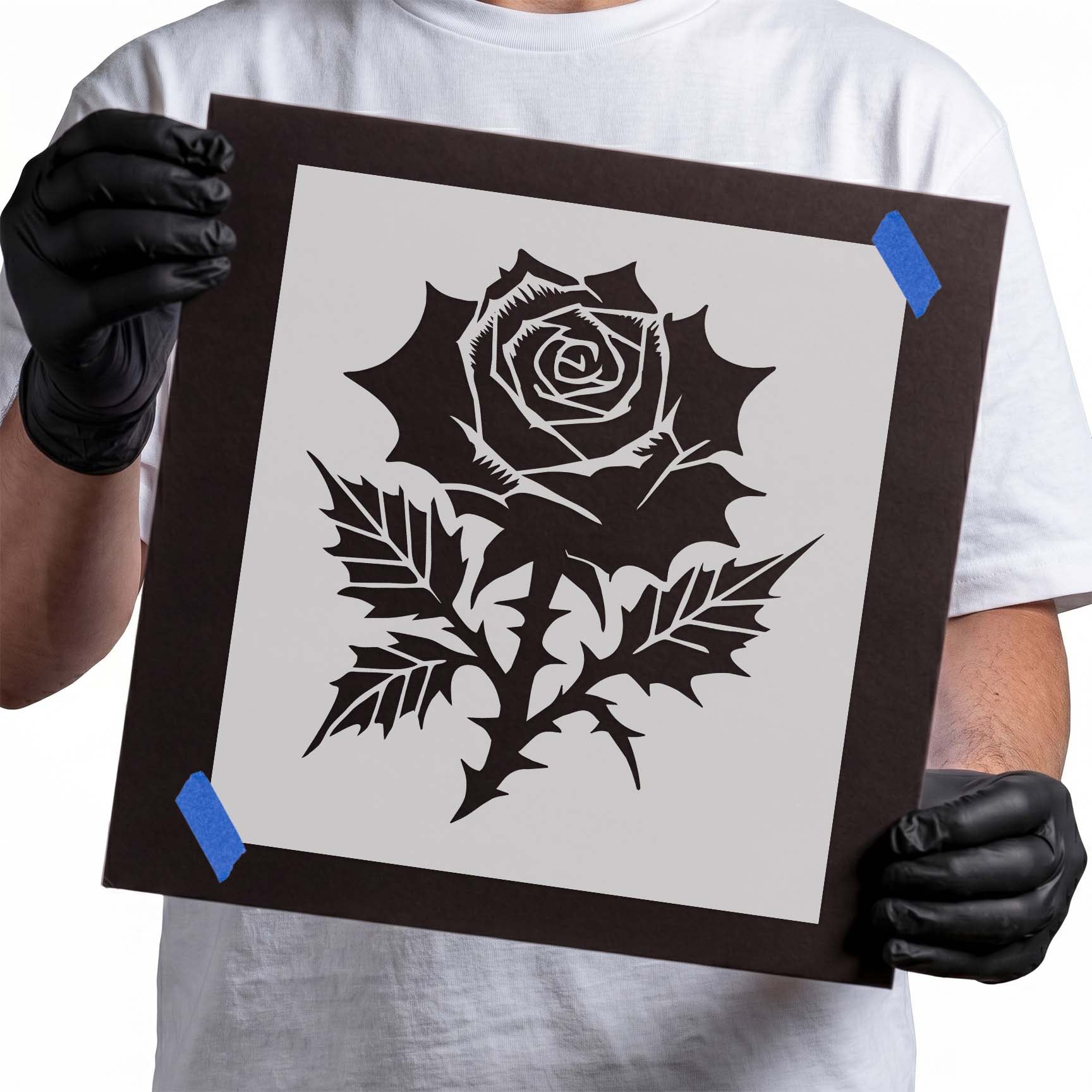 Detailed rose flower stencil with decorative leaves