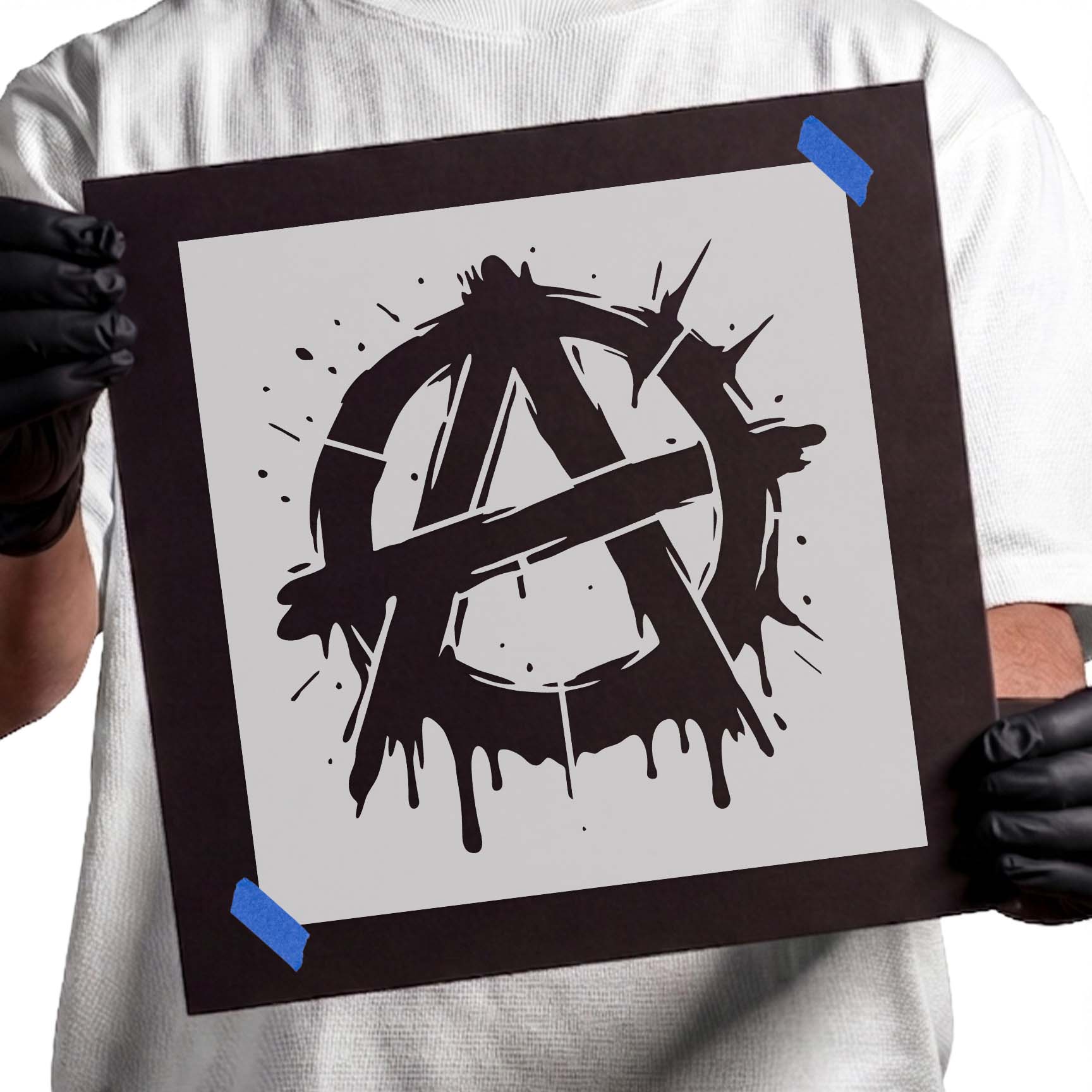 Graffiti anarchy symbol stencil with paint drips and splatter