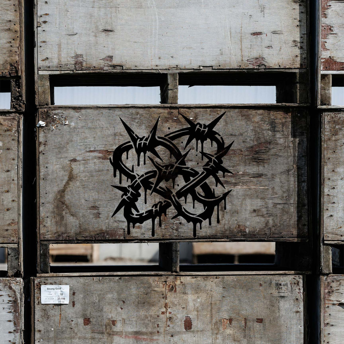 The Graffiti Barbed Wire Stencil brings dripping black street style to stacked weathered crates.