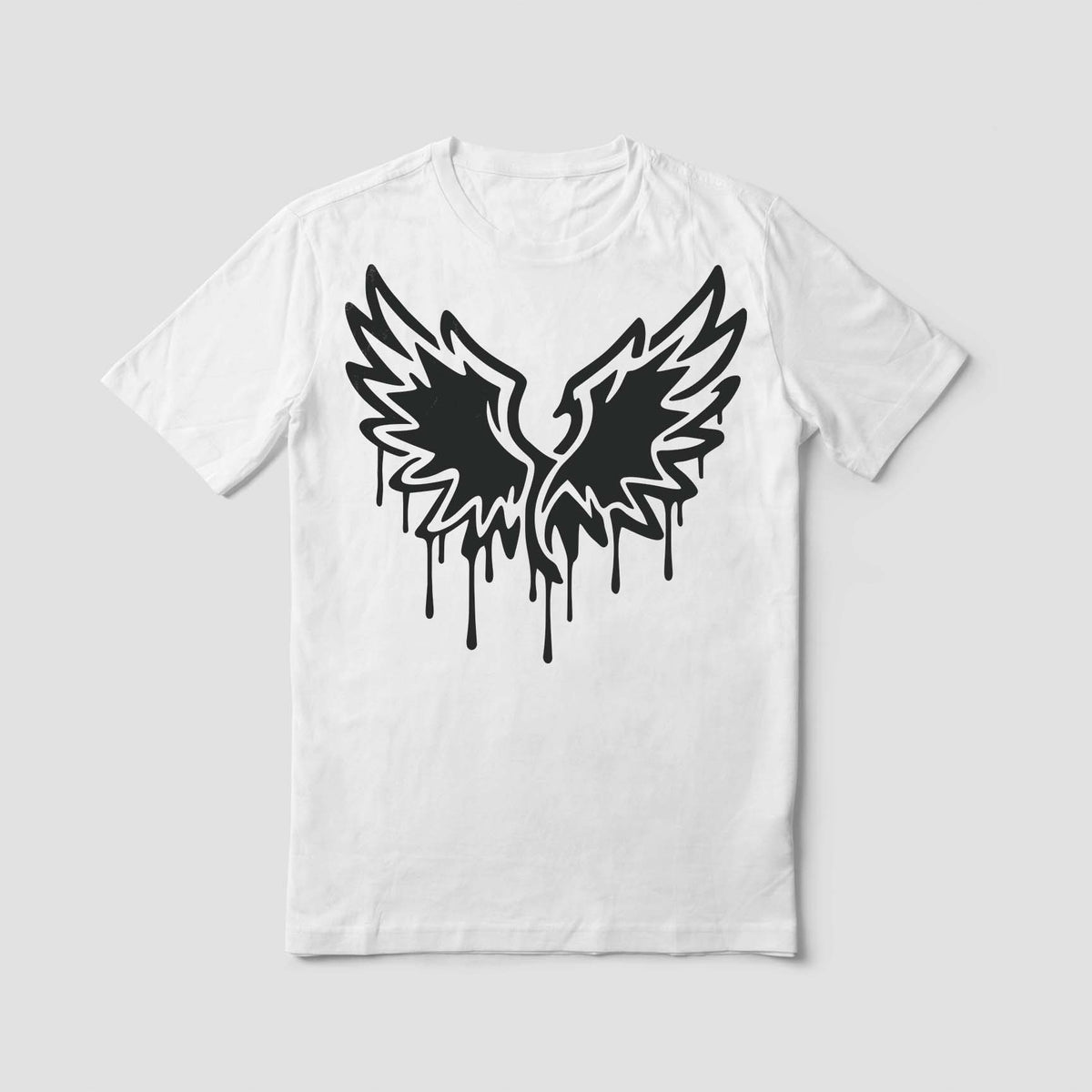 Bold black Graffiti Wings Stencil artwork spreads across a white t-shirt with edgy dripping feather details.