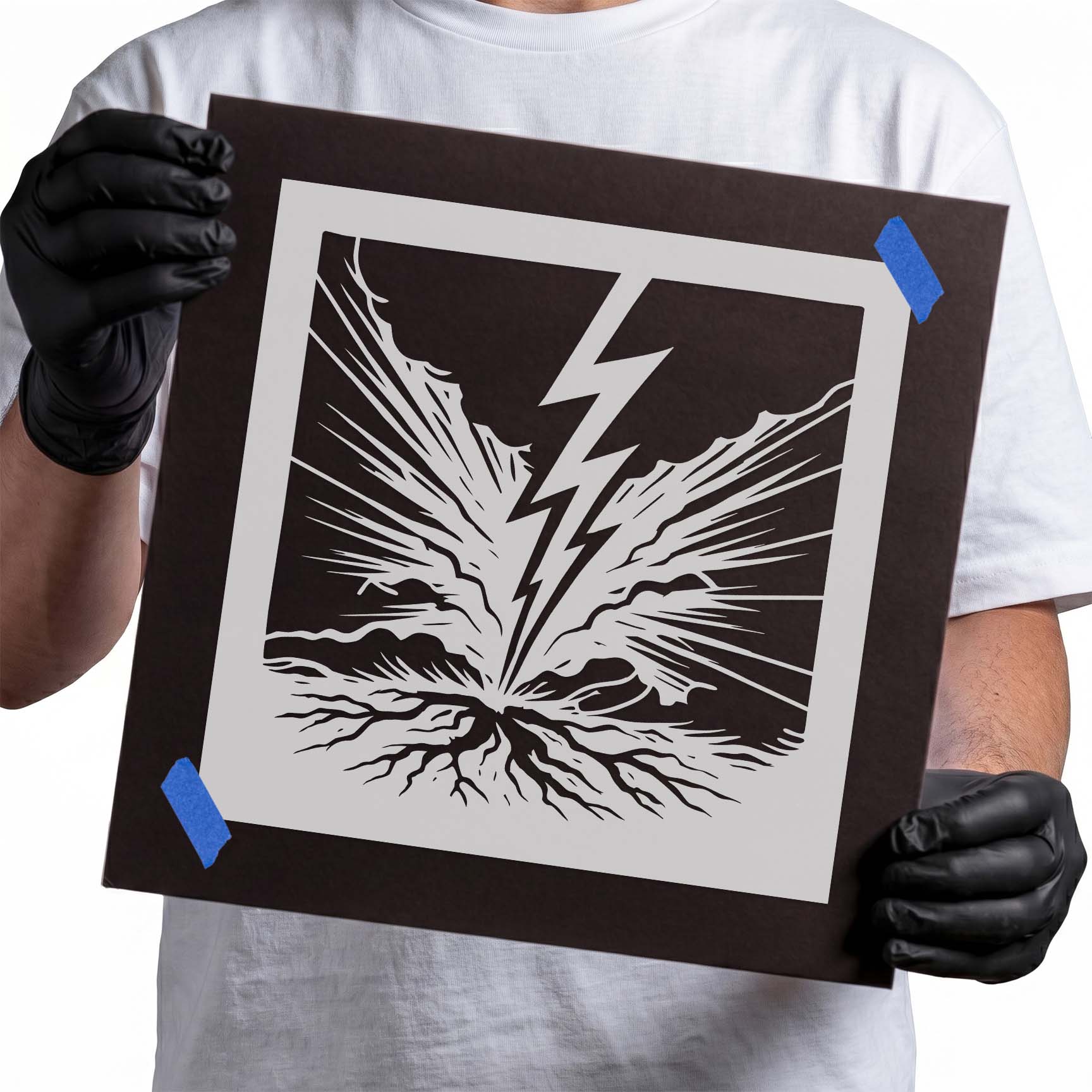 Lightning bolt striking the ground stencil design