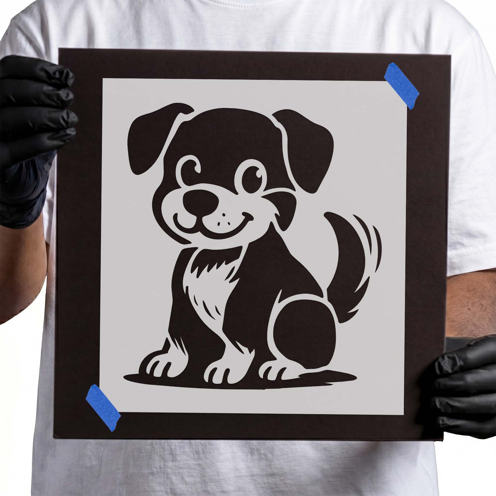Happy cartoon puppy sitting with floppy ears and wagging tail