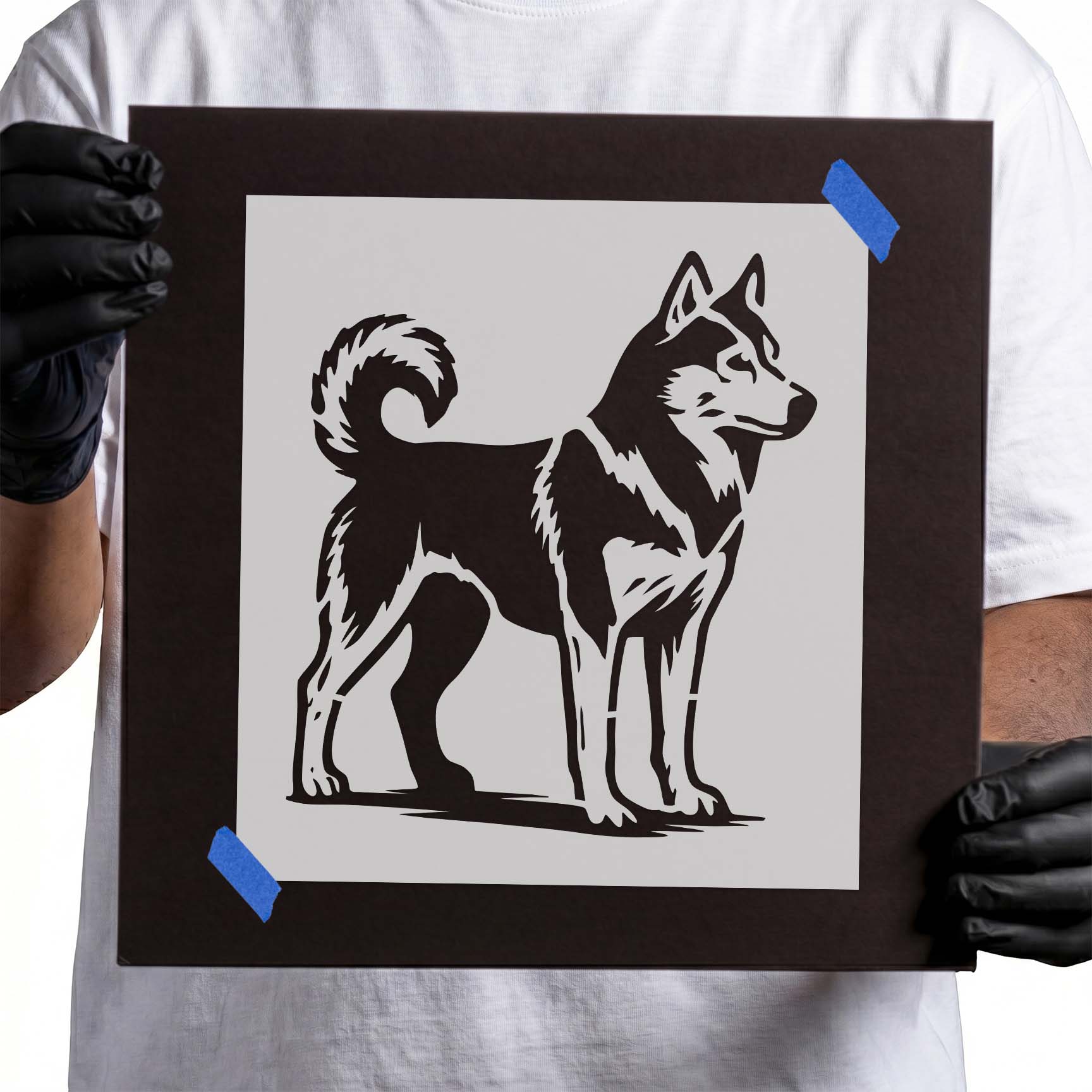 Husky Dog Stencil featuring a standing Siberian Husky with a curled tail