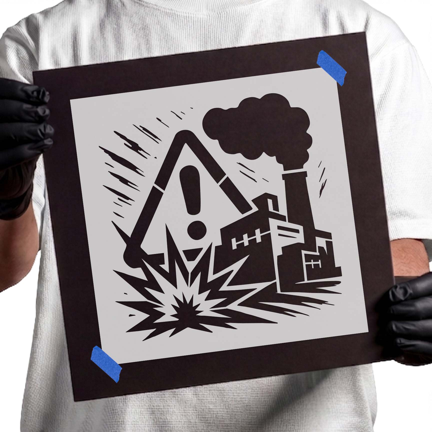 Industrial factory with warning symbol and hazard burst stencil