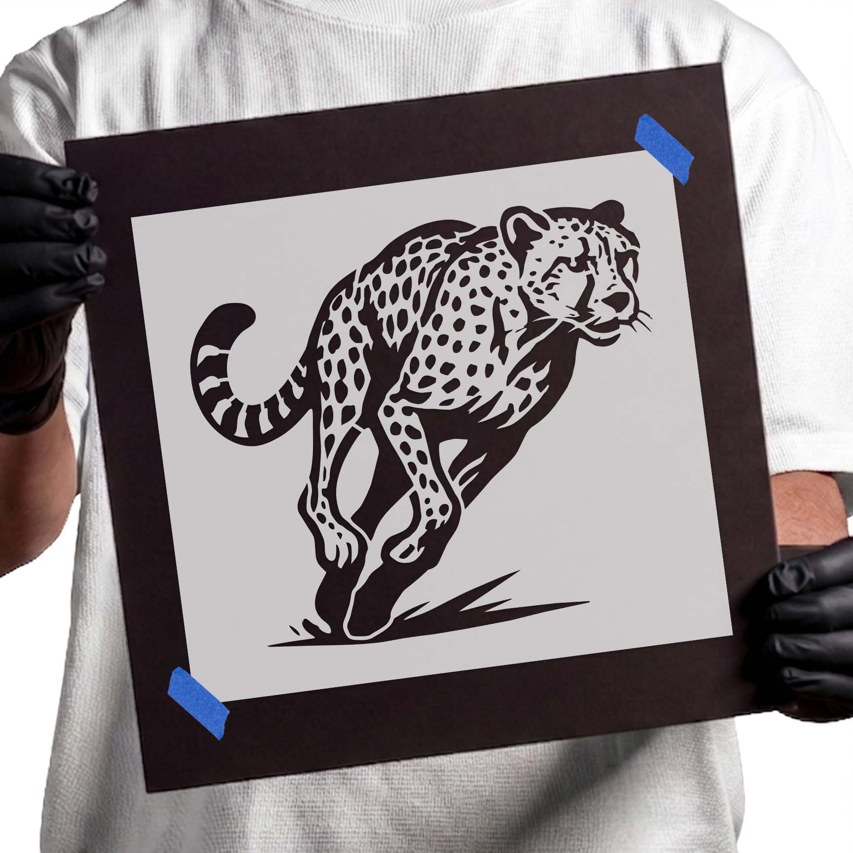 Leaping cheetah with detailed spotted coat stencil