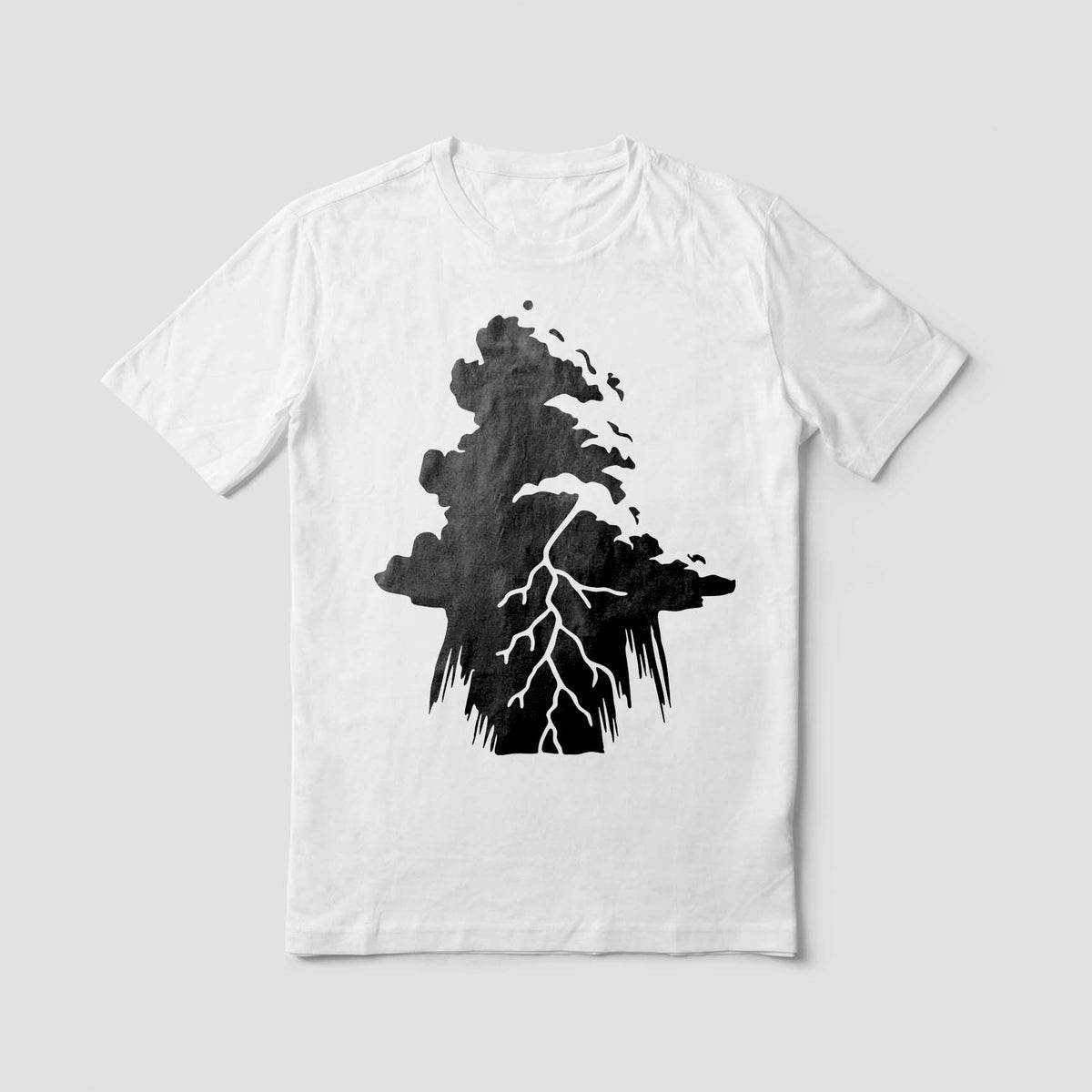 A white T-shirt displays the Lightning Storm Cloud Stencil with dark clouds and a striking bolt