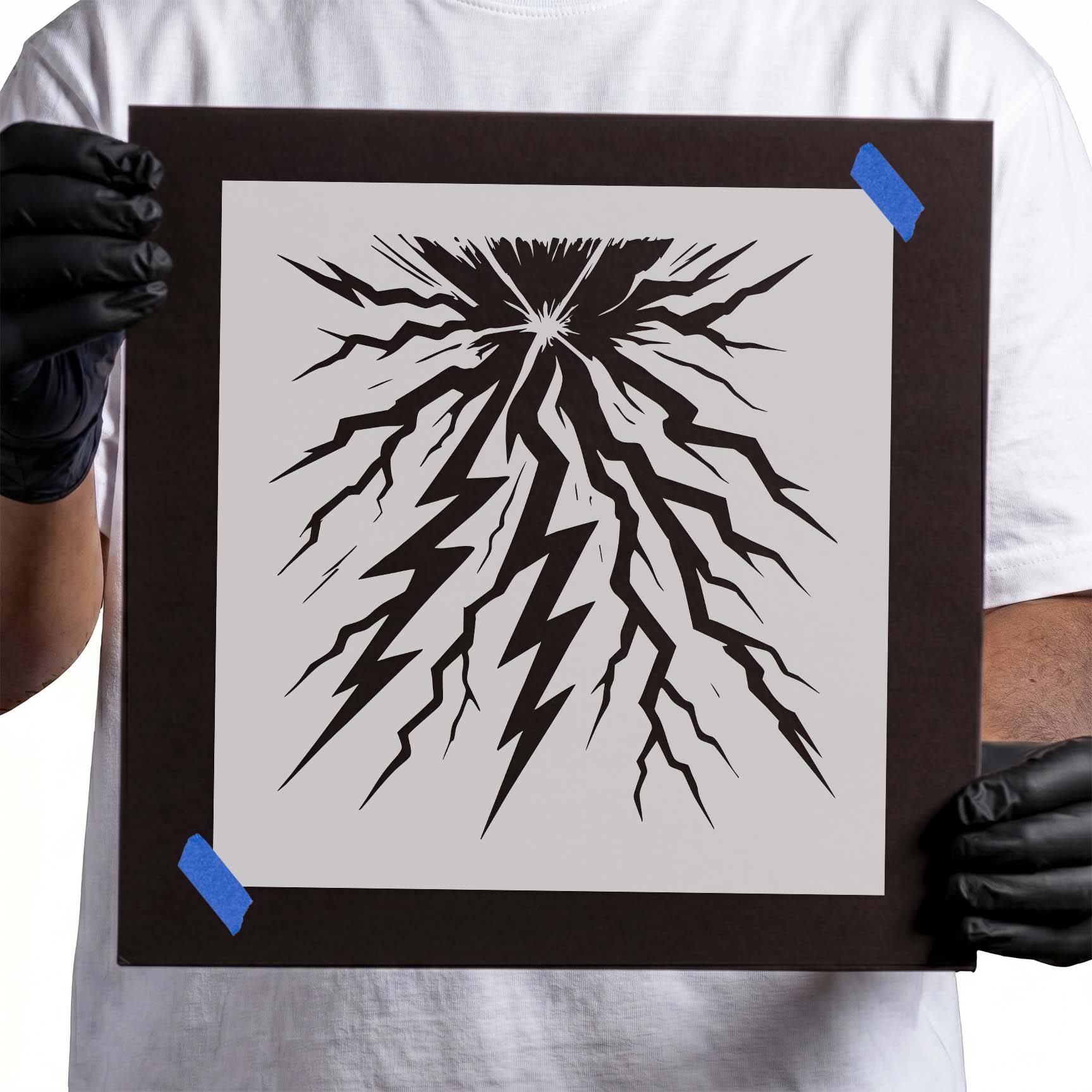 Lightning strike burst stencil with multiple jagged lightning bolts