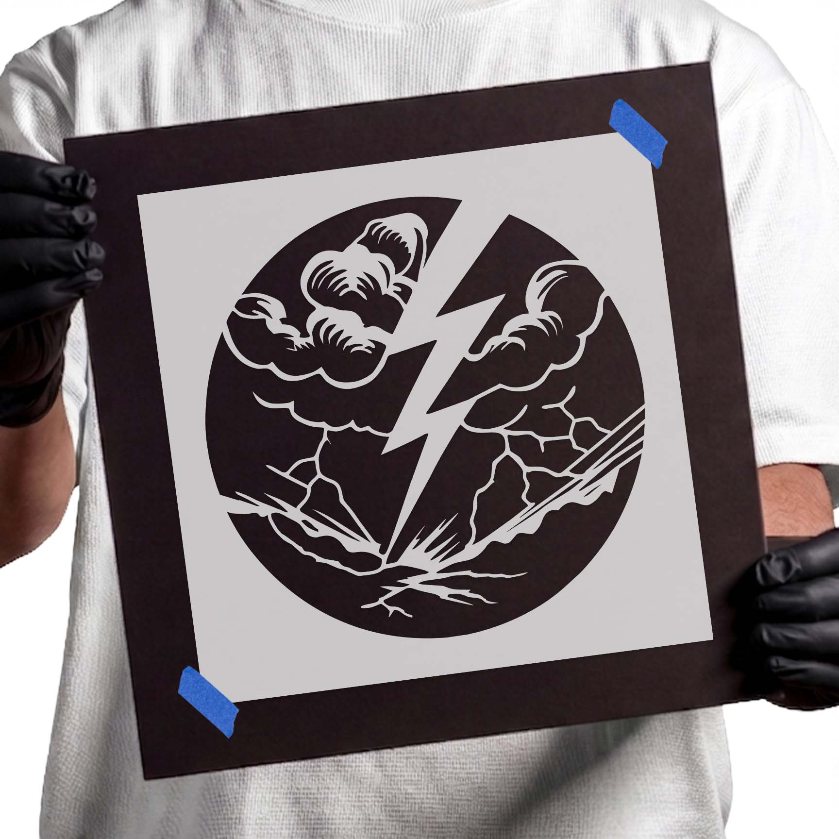 Lightning bolt striking beneath storm clouds stencil