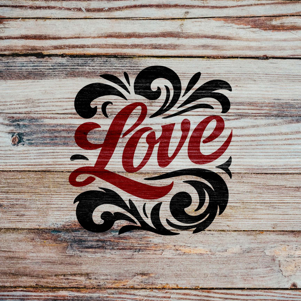 Love Script with Flourishes stencil framed by sweeping scrollwork on rustic wood