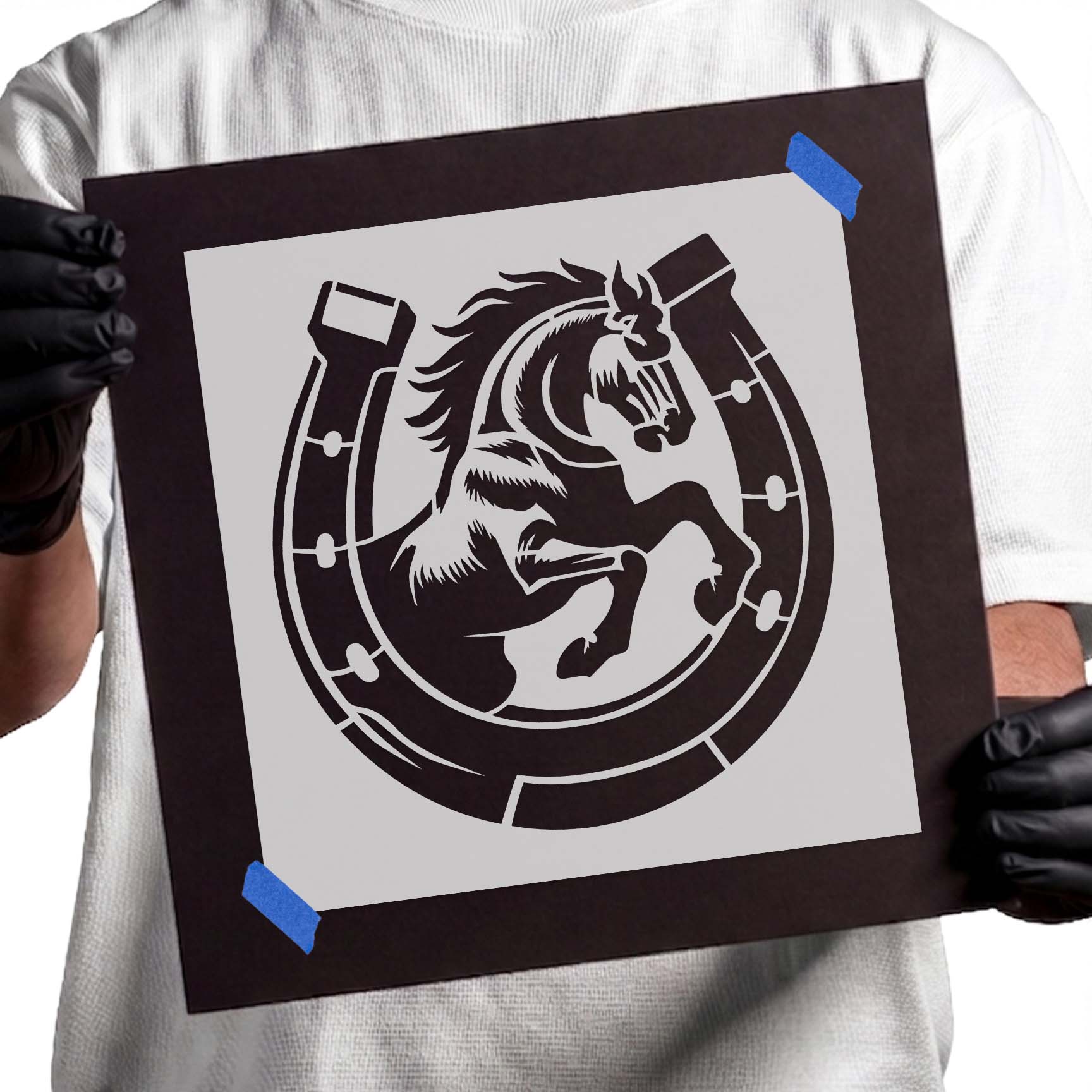 Rearing horse inside a lucky horseshoe stencil design