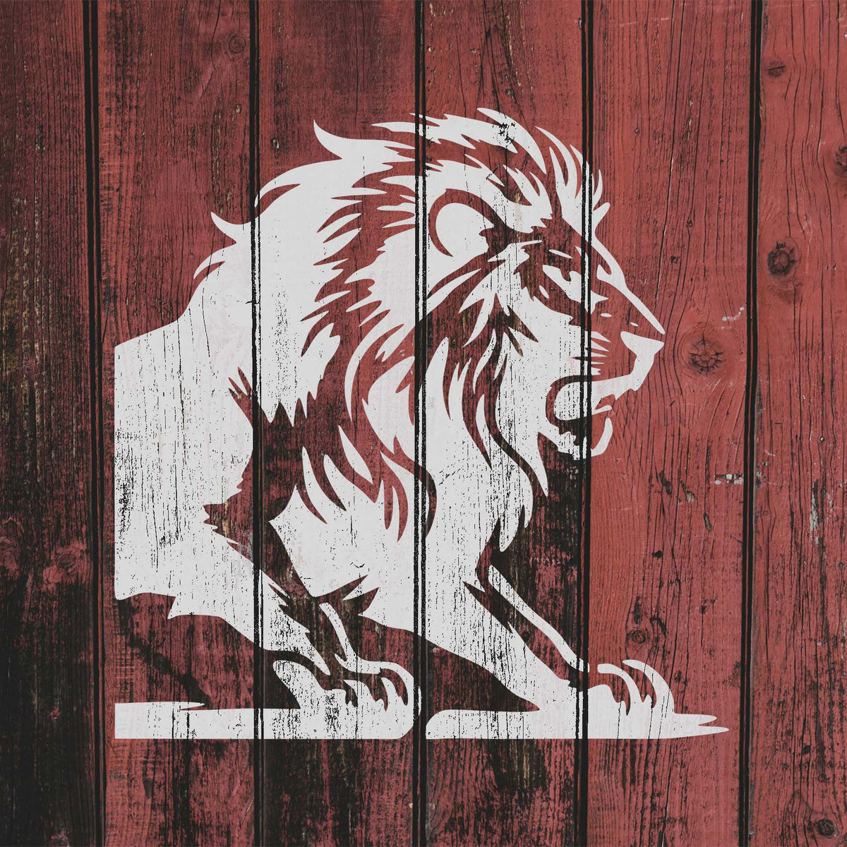 Distressed white Majestic Roaring Lion Stencil shows a powerful lion profile on rustic wood.