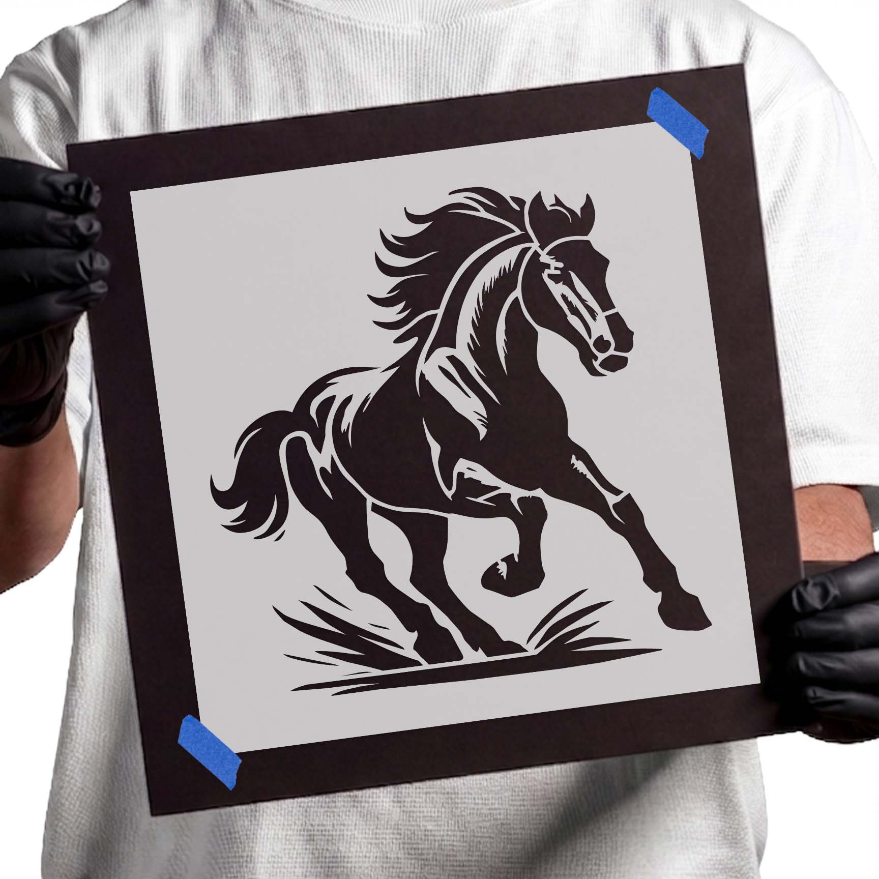 Detailed running horse stencil with flowing mane and powerful stride