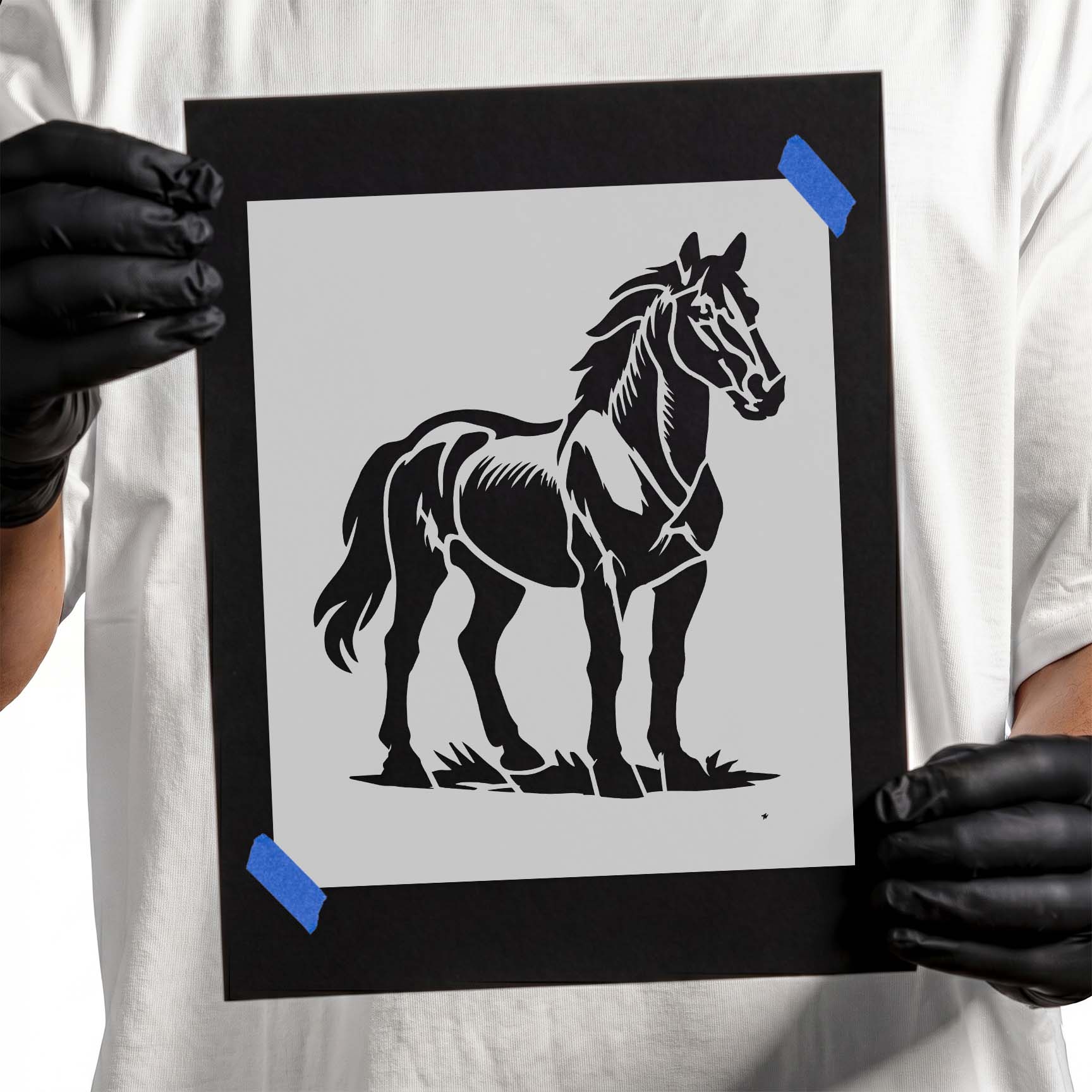 Standing horse silhouette stencil with detailed mane and tail
