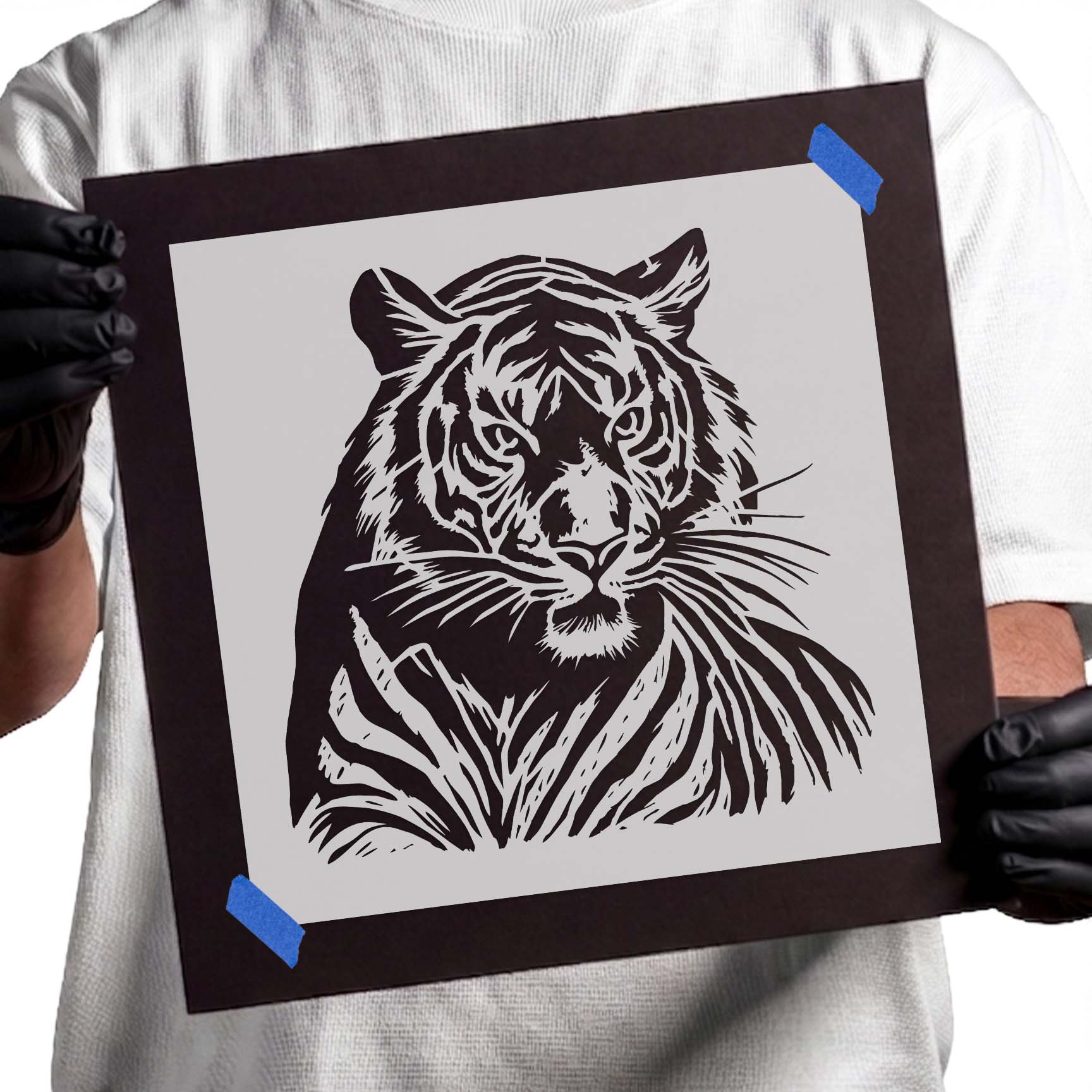 Detailed tiger portrait stencil with bold striped facial features