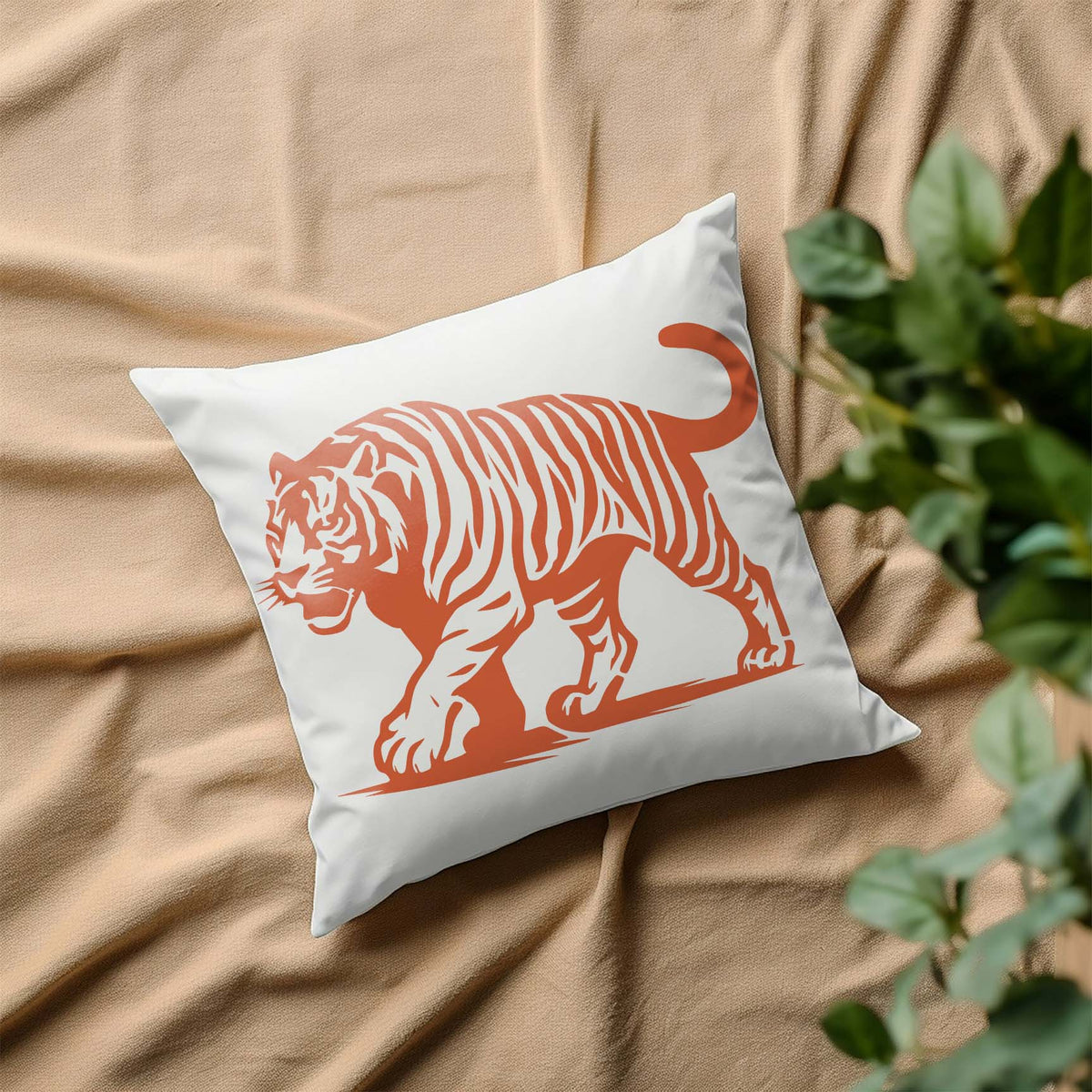 Burnt orange Majestic Walking Tiger Stencil brings a wild accent to a white pillow