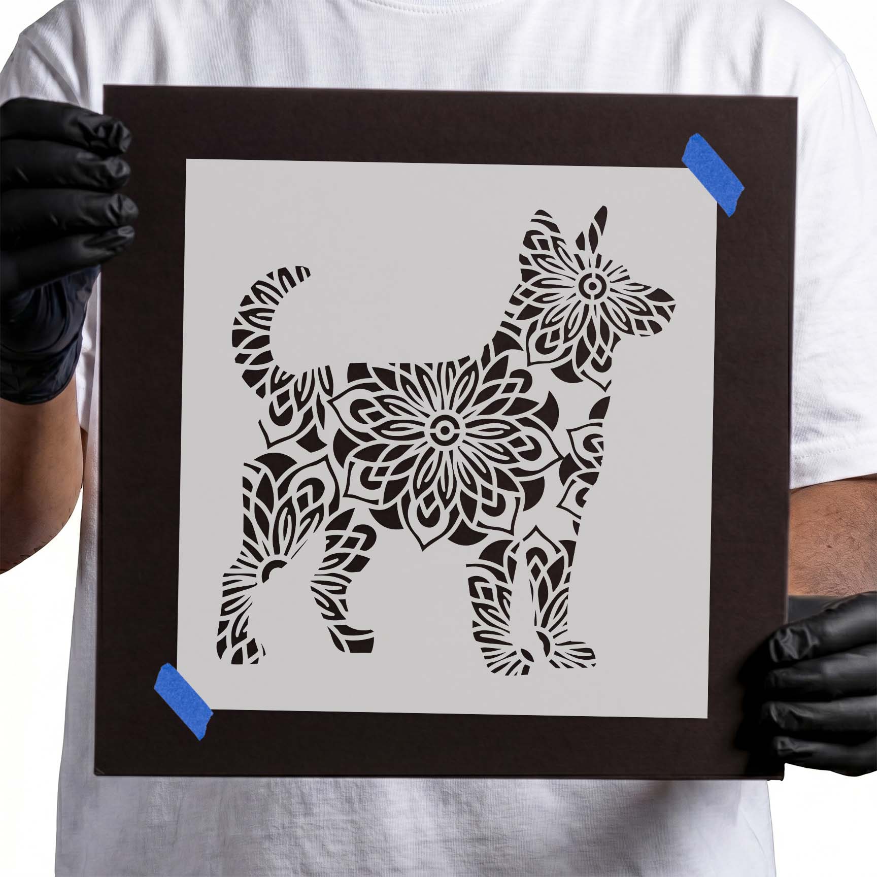 Mandala Floral Dog Silhouette Stencil featuring a dog filled with floral mandala patterns.