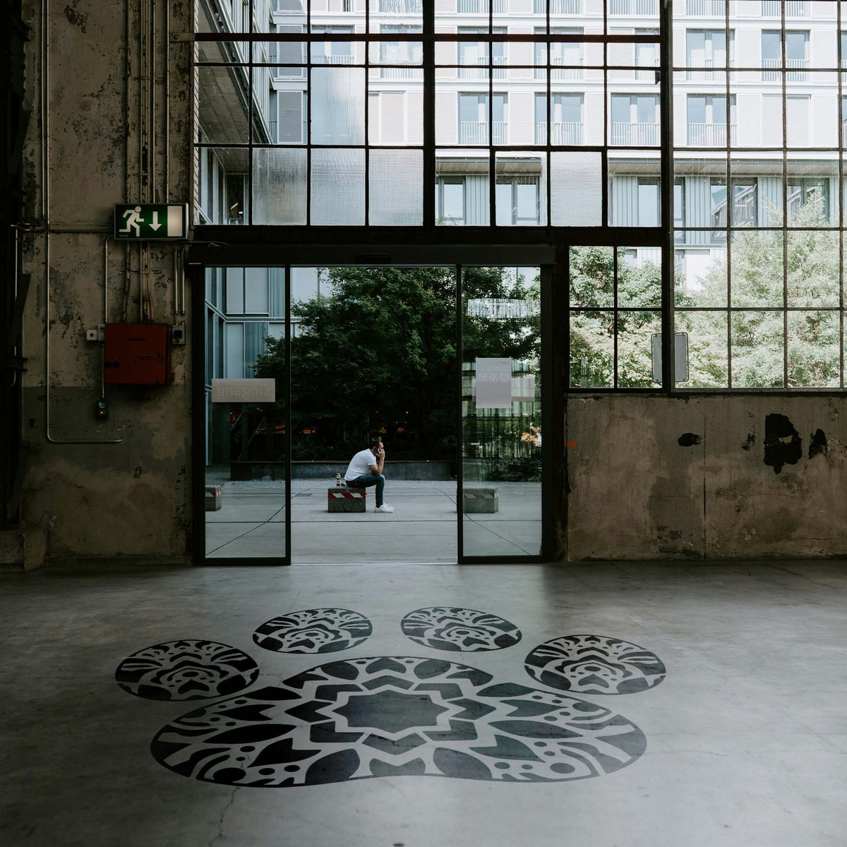Mandala Paw Print Stencil forms a bold black patterned paw across an industrial concrete floor